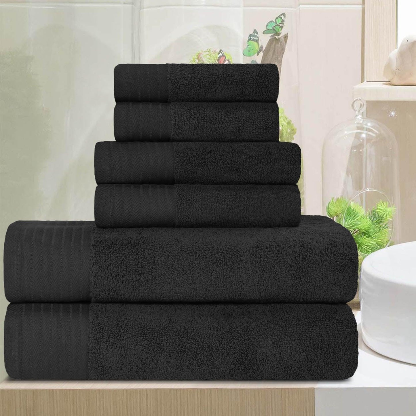 Premium Turkish Cotton Herringbone Solid Assorted 6-Piece Towel Set - Black