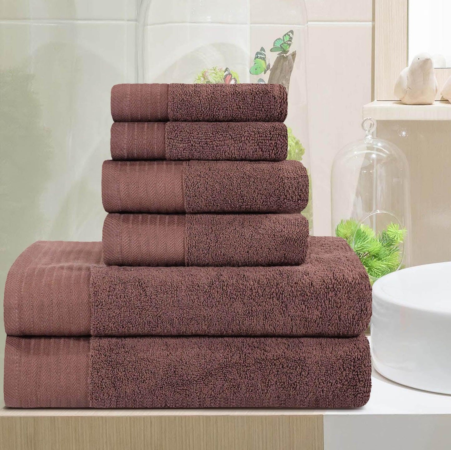 Premium Turkish Cotton Herringbone Solid Assorted 6-Piece Towel Set - Chocolate