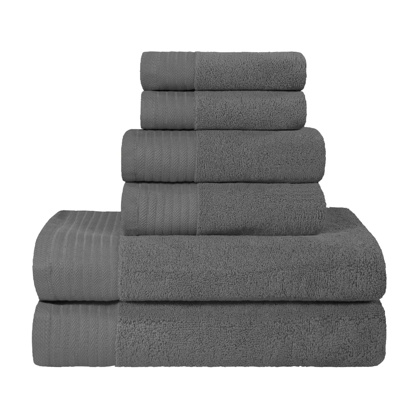 Premium Turkish Cotton Herringbone Solid Assorted 6-Piece Towel Set - Grey