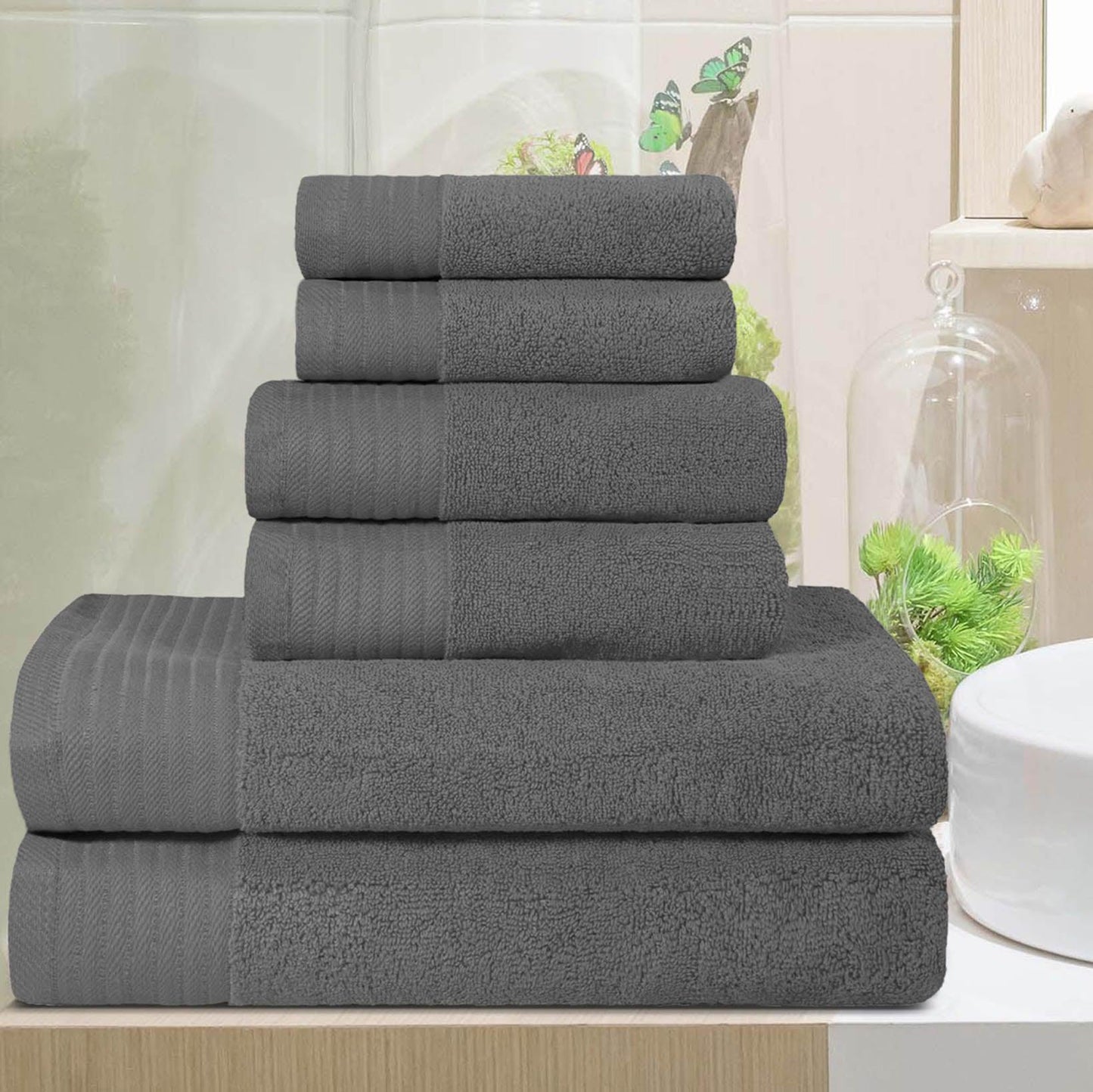 Premium Turkish Cotton Herringbone Solid Assorted 6-Piece Towel Set - Grey