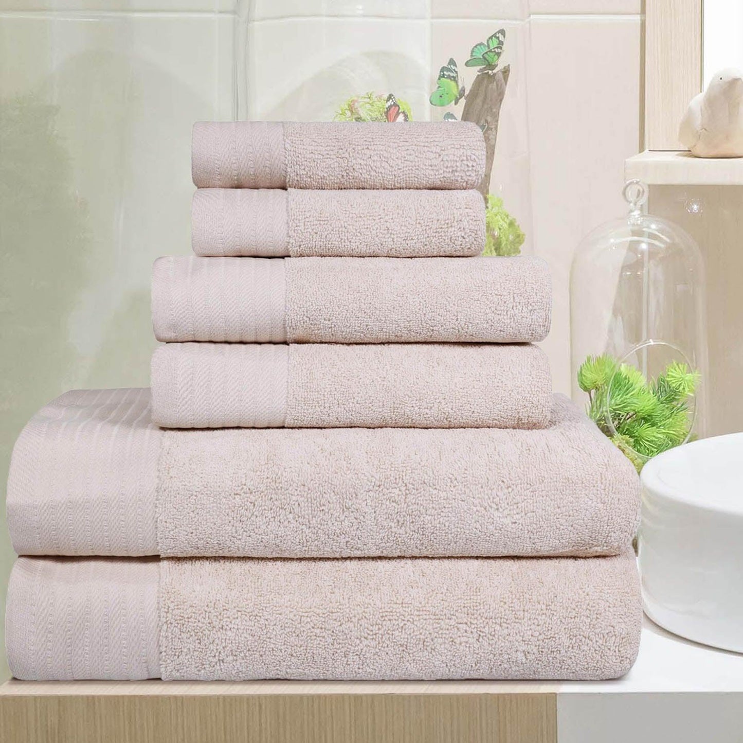 Premium Turkish Cotton Herringbone Solid Assorted 6-Piece Towel Set - Ivory