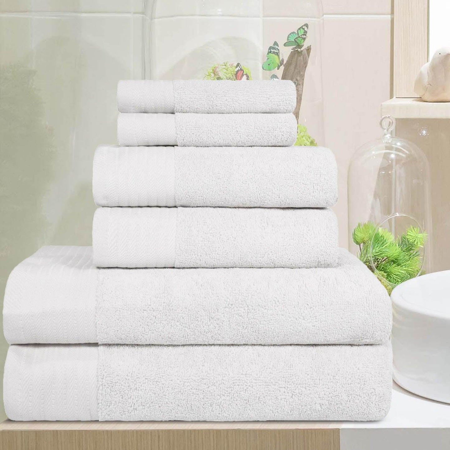 Premium Turkish Cotton Herringbone Solid Assorted 6-Piece Towel Set - White