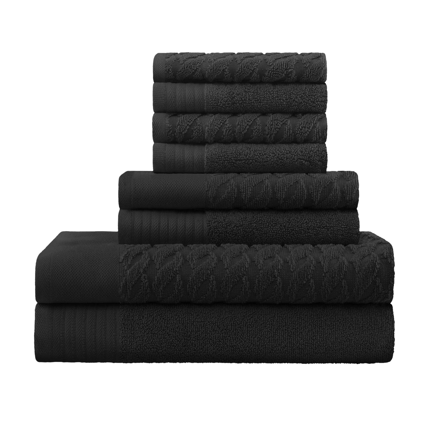 Premium Turkish Cotton Jacquard Herringbone and Solid 8-Piece Towel Set - Black