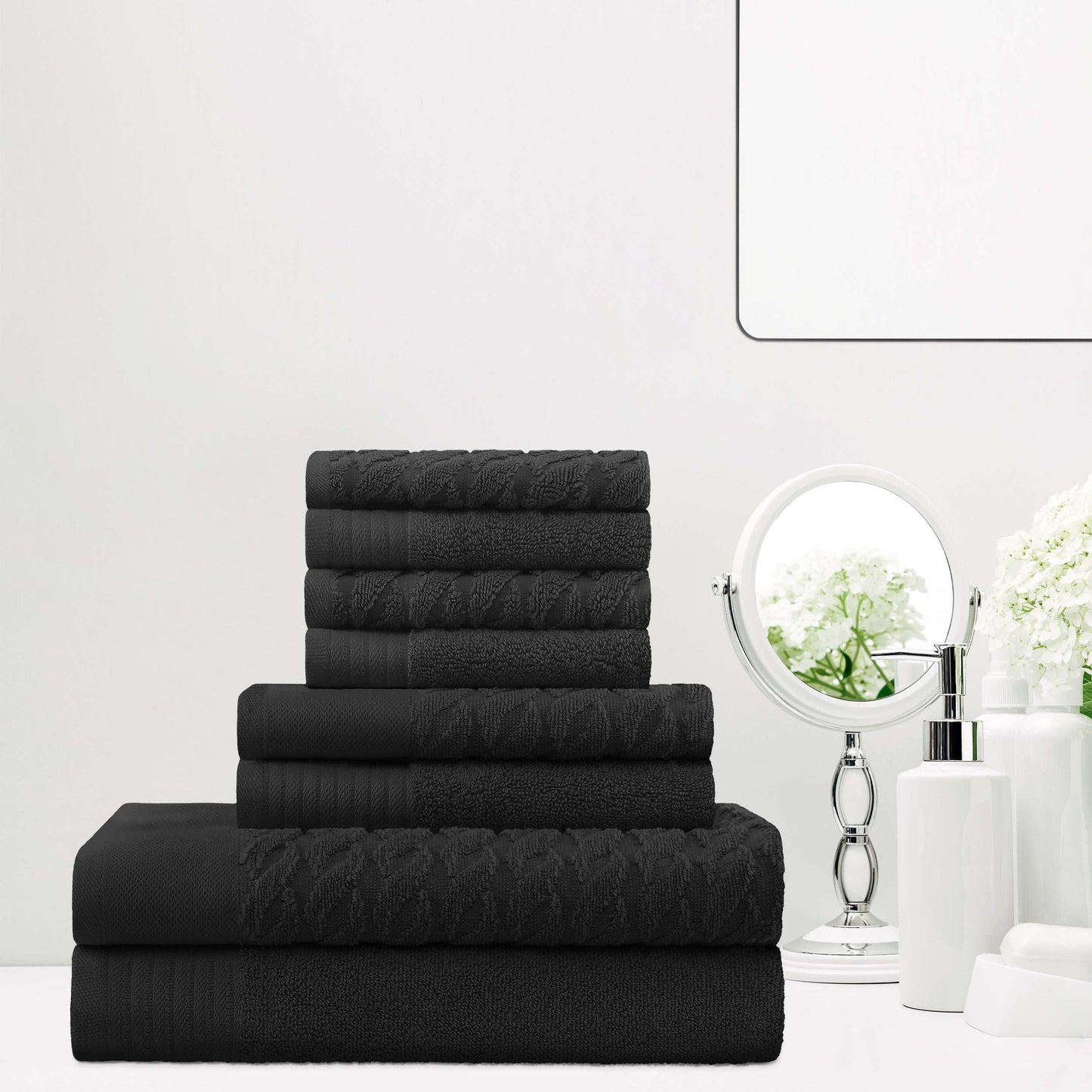 Premium Turkish Cotton Jacquard Herringbone and Solid 8-Piece Towel Set - Black