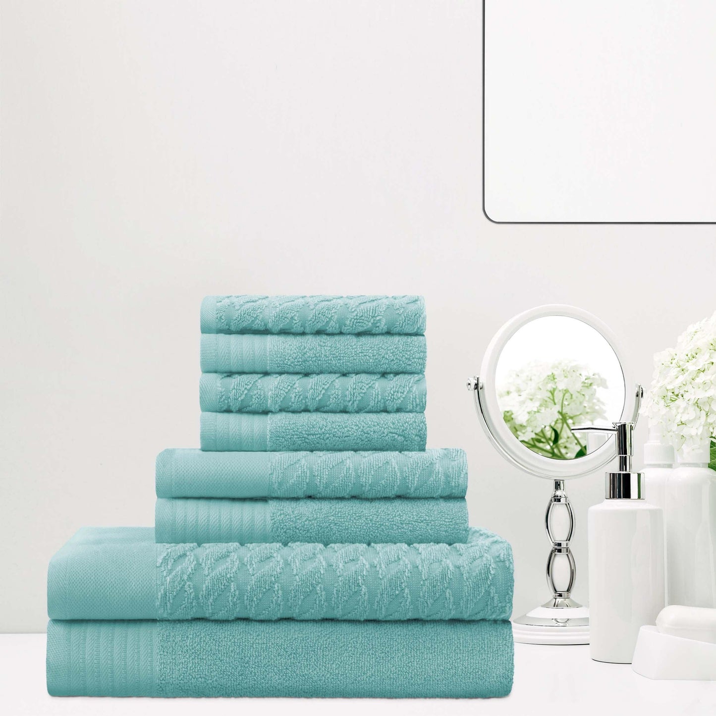 Premium Turkish Cotton Jacquard Herringbone and Solid 8-Piece Towel Set - Cascade