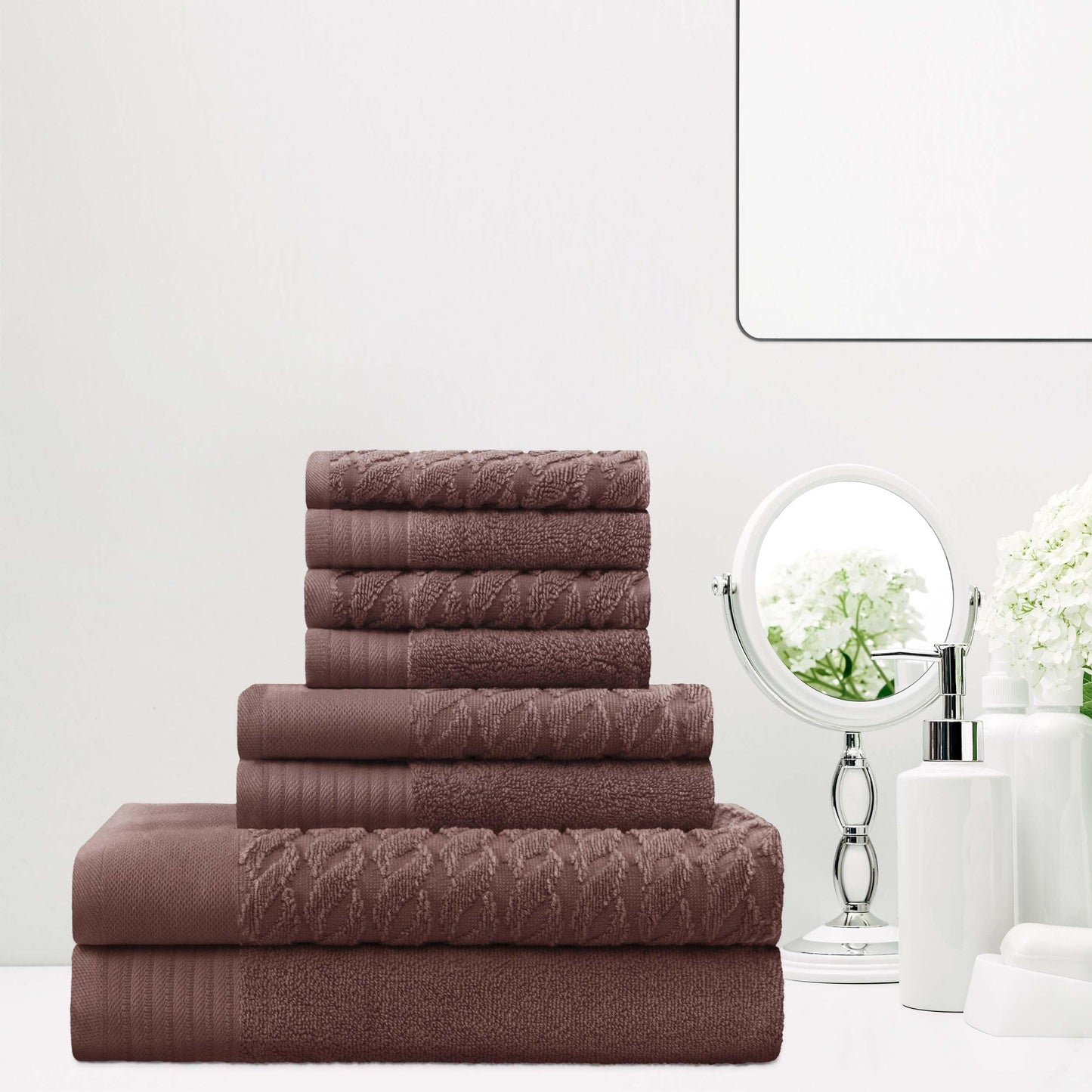 Premium Turkish Cotton Jacquard Herringbone and Solid 8-Piece Towel Set - Chocolate