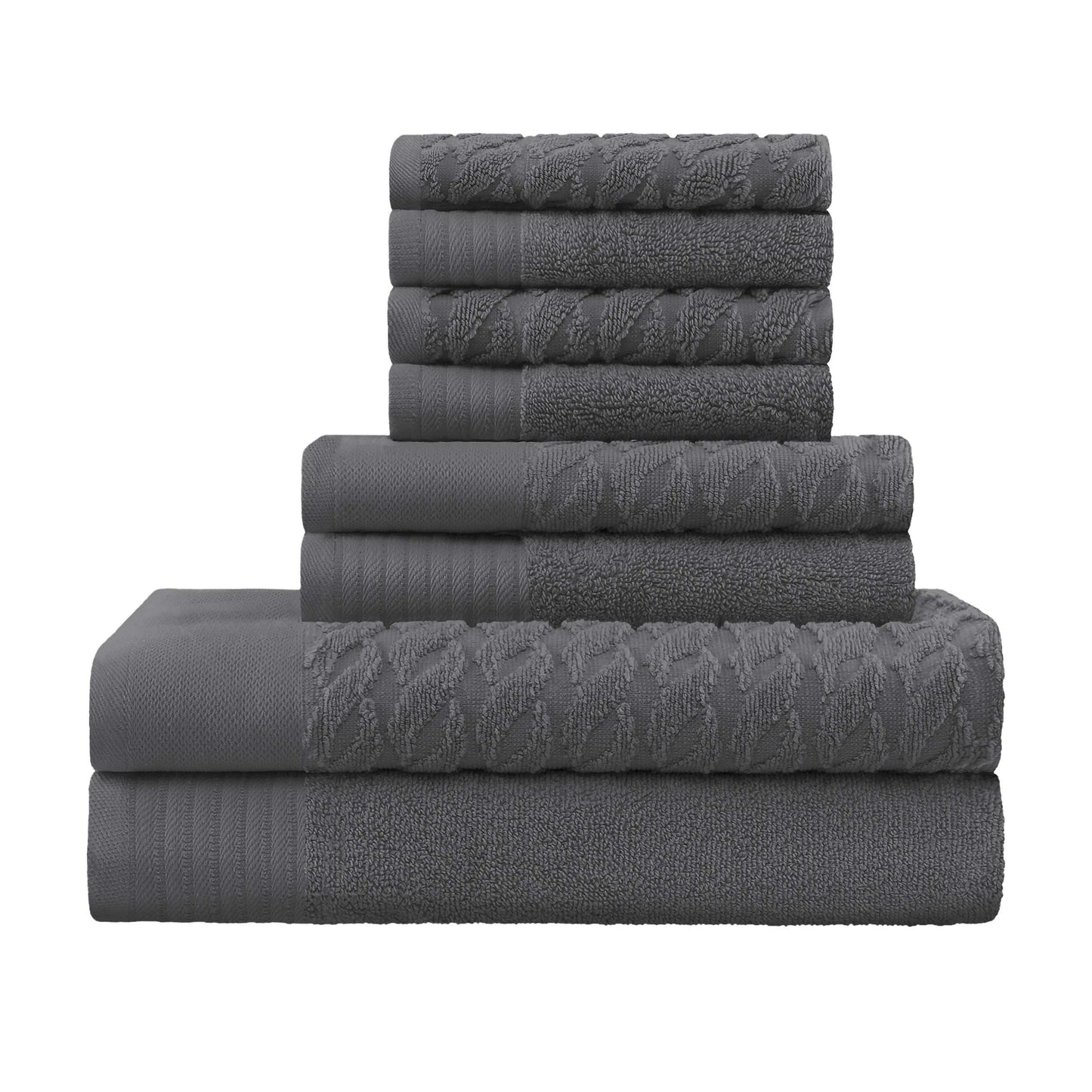 Premium Turkish Cotton Jacquard Herringbone and Solid 8-Piece Towel Set - Grey