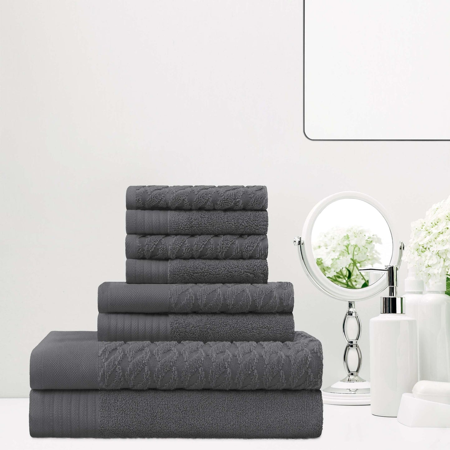 Premium Turkish Cotton Jacquard Herringbone and Solid 8-Piece Towel Set - Grey