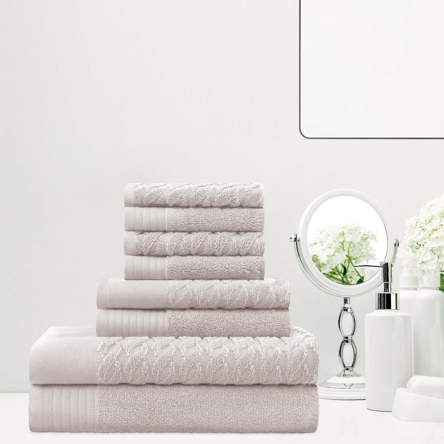 Premium Turkish Cotton Jacquard Herringbone and Solid 8-Piece Towel Set - Ivory