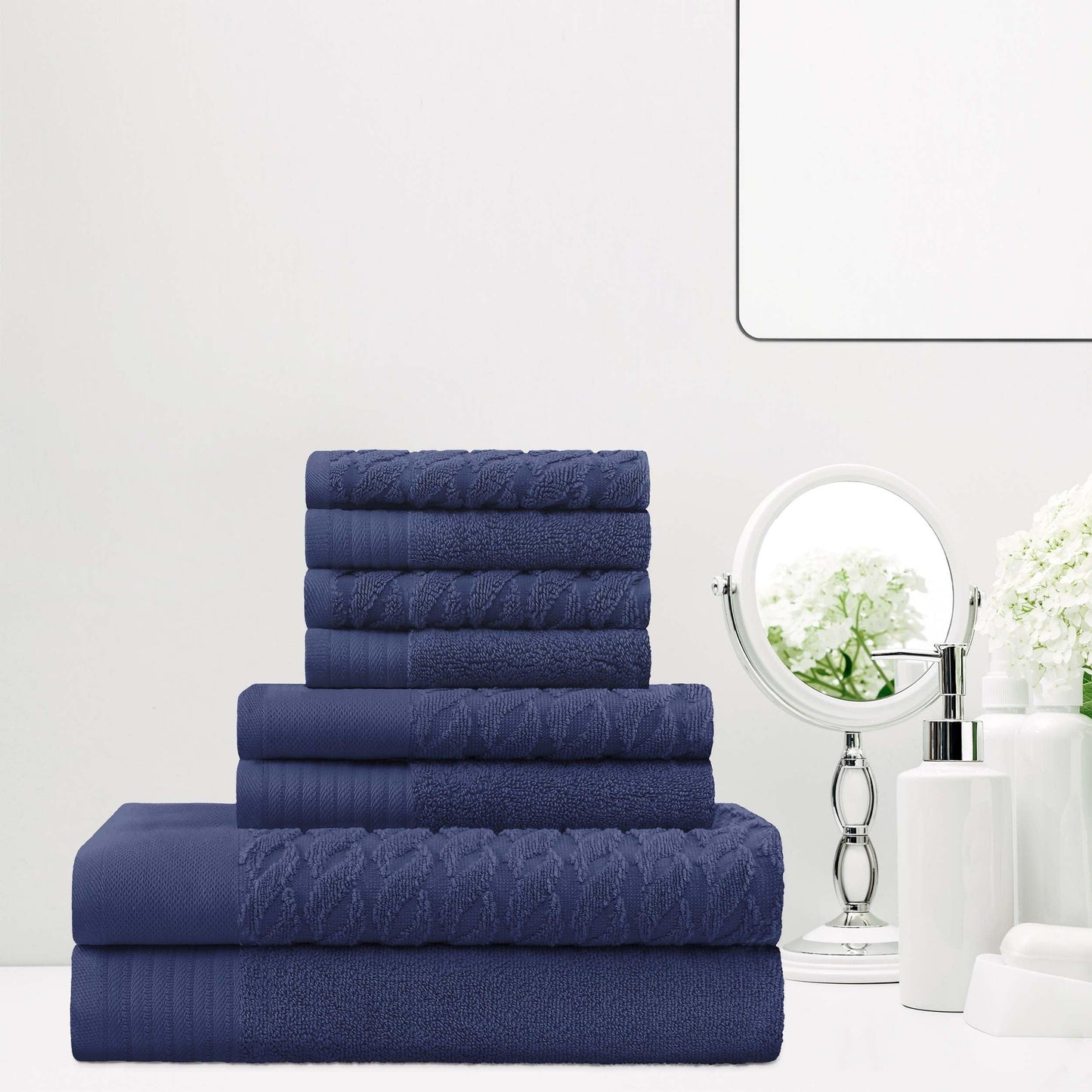 Premium Turkish Cotton Jacquard Herringbone and Solid 8-Piece Towel Set - Navy Blue