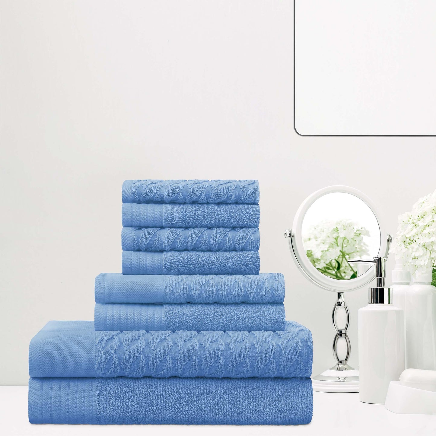 Premium Turkish Cotton Jacquard Herringbone and Solid 8-Piece Towel Set - Pacific Blue
