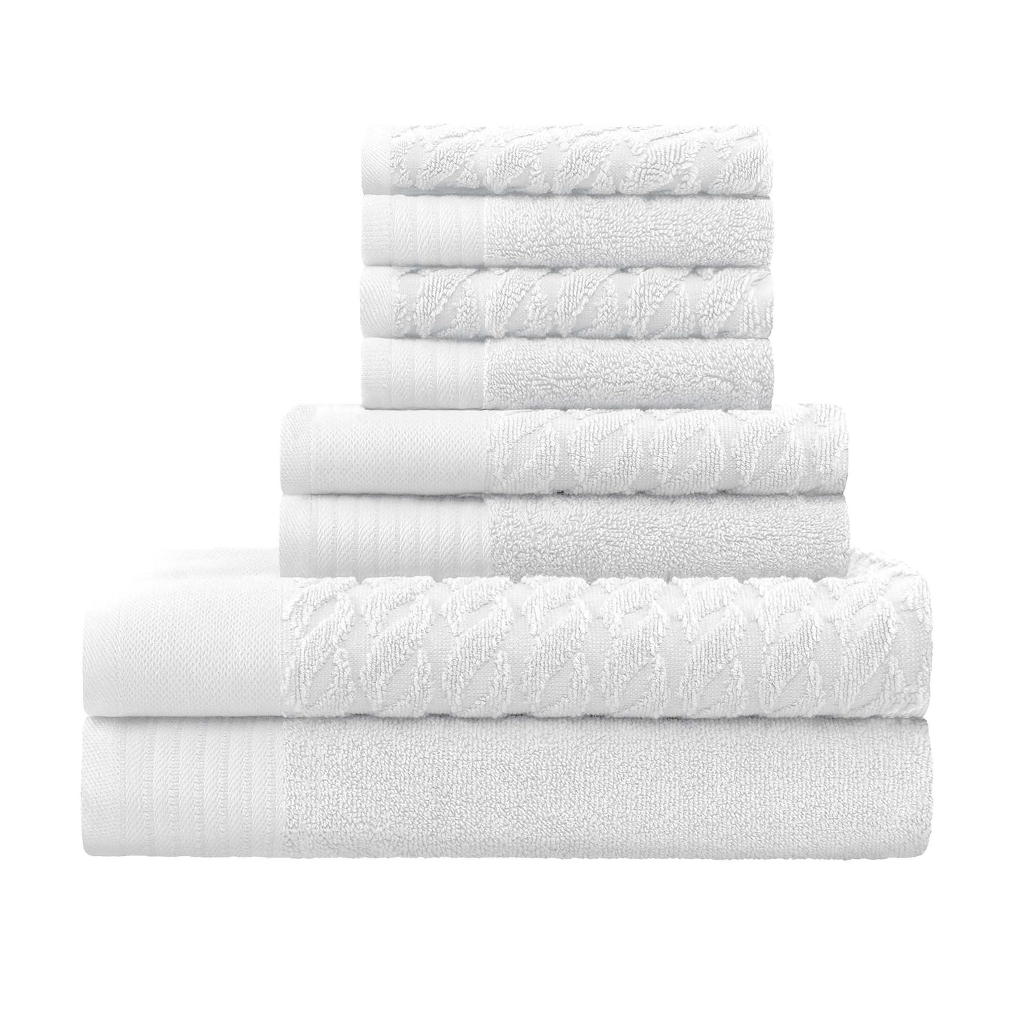 Premium Turkish Cotton Jacquard Herringbone and Solid 8-Piece Towel Set - White