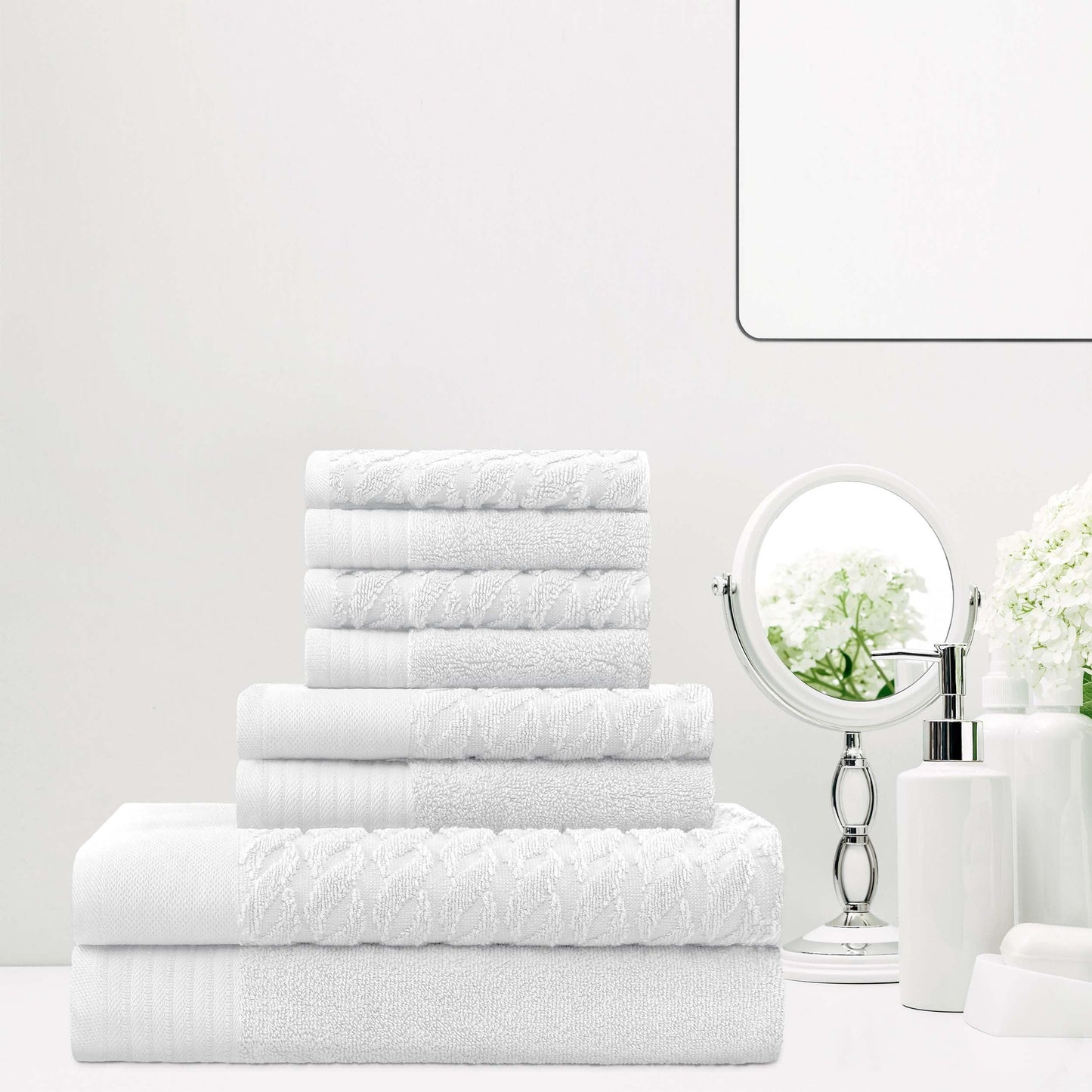 Premium Turkish Cotton Jacquard Herringbone and Solid 8-Piece Towel Set - White