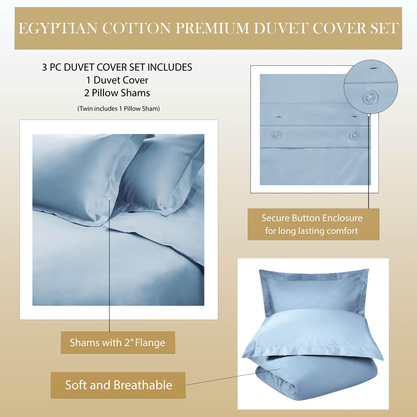 Superior Premium Egyptian Cotton 530 Thread Count Solid Duvet Cover Set - Light Blue