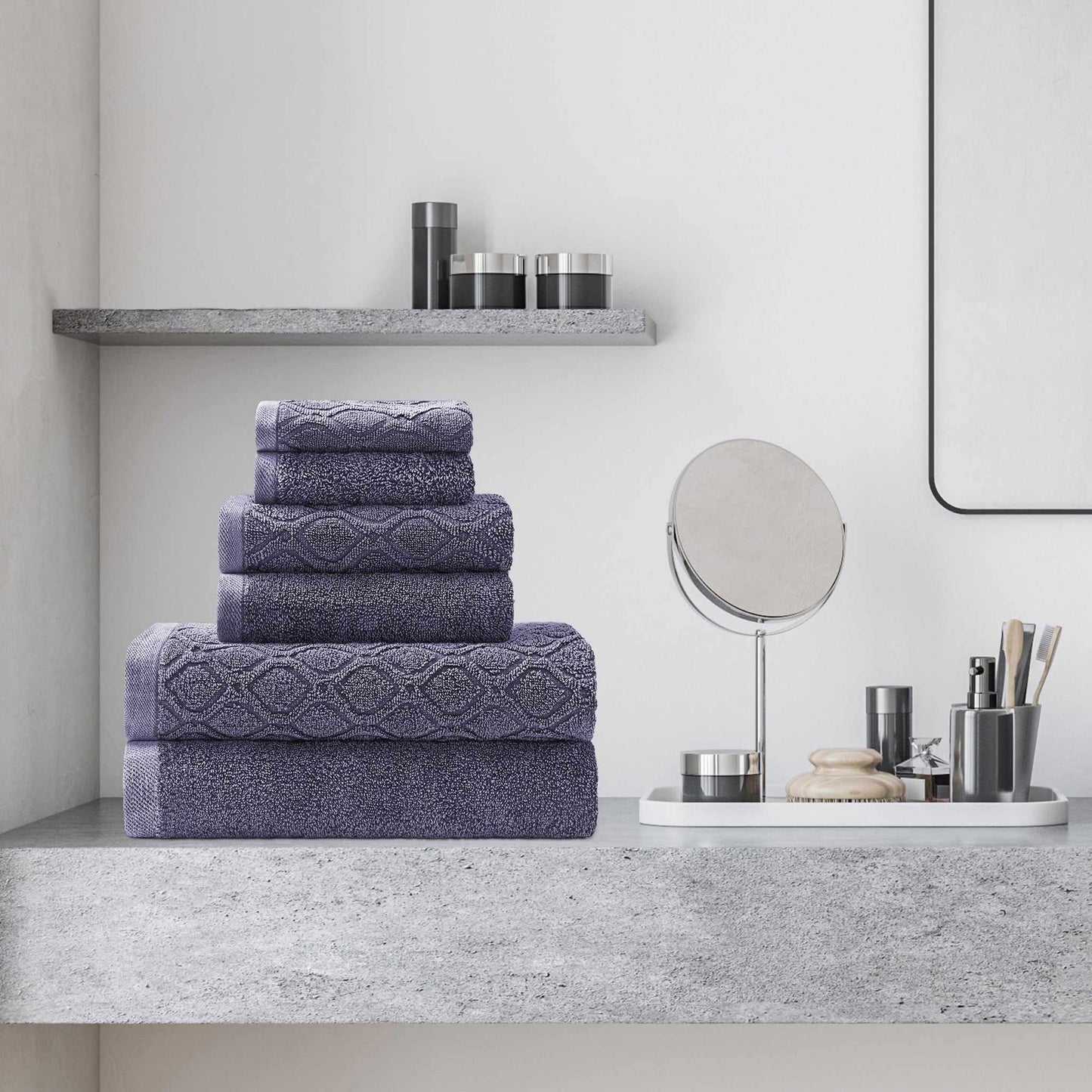Denim Wash Jacquard 6-Piece Cotton Bath Towel Set - Navy Blue