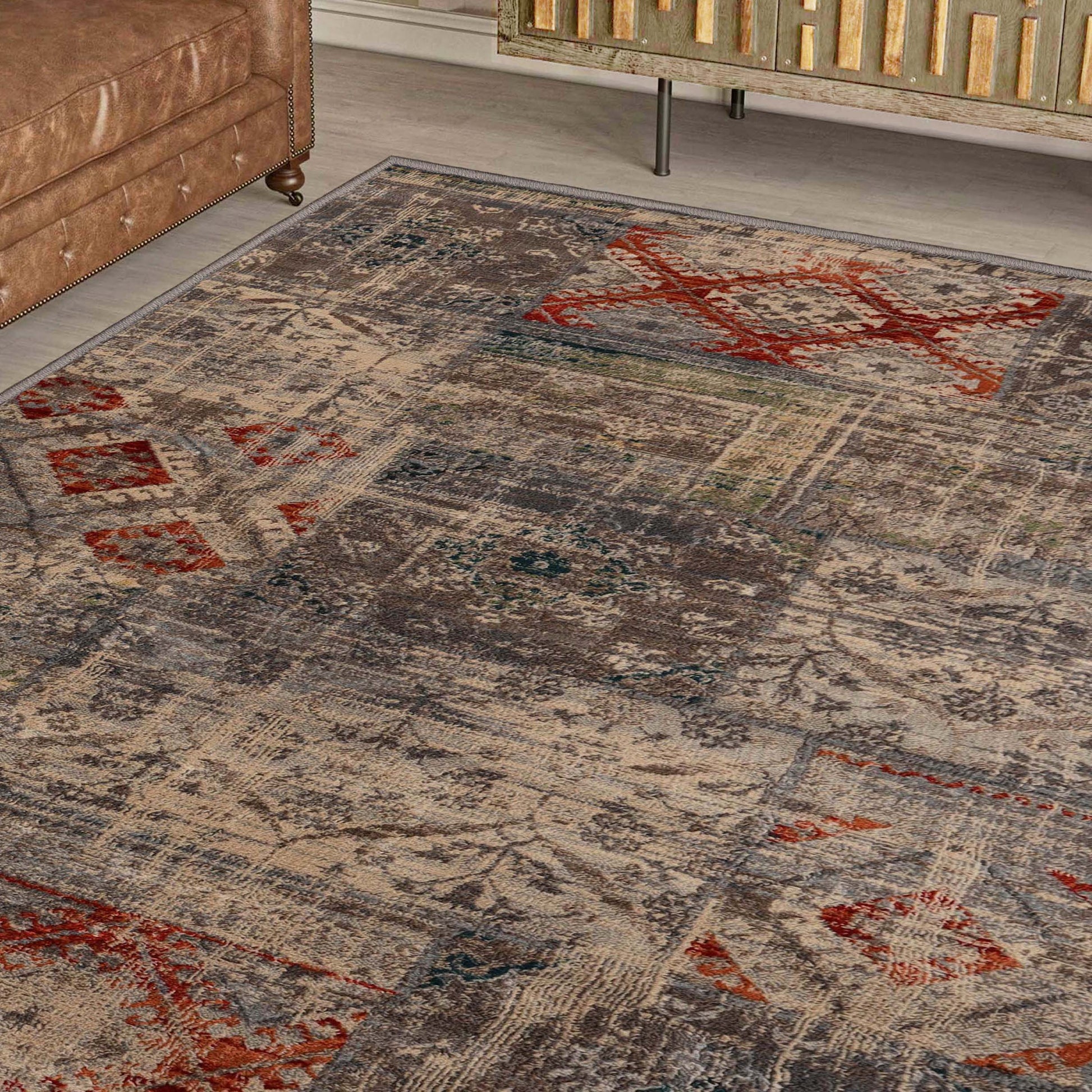 Superior Distressed Patchwork Medallion Lattice Area Rug Or Runner Or Door Mat - Grey