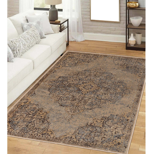 Superior Distressed Traditional Medallion Damask Area Rug Or Runner Or Door Mat - Ivory/Grey