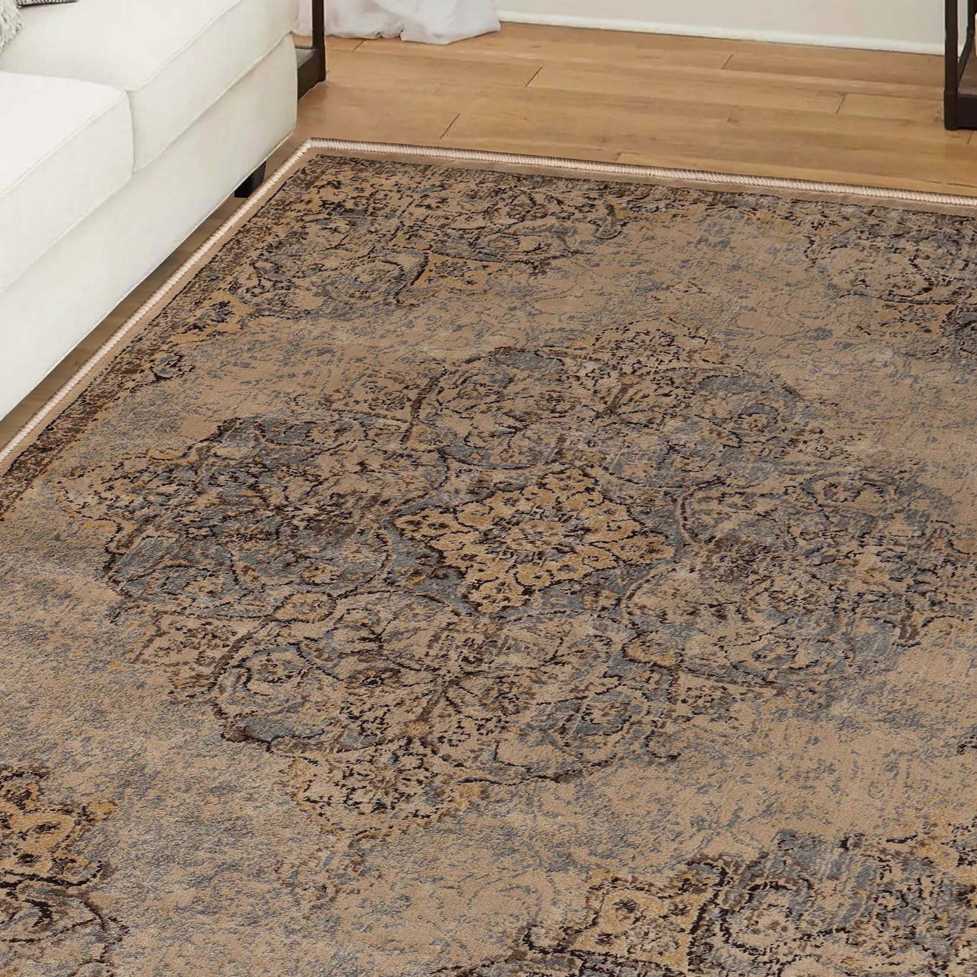 Superior Distressed Traditional Medallion Damask Area Rug Or Runner Or Door Mat - Ivory/Grey