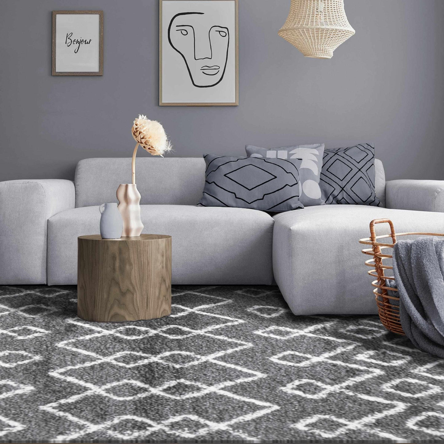 Superior Boho Geometric Diamonds Indoor Plush Shag Area Rug - Cream-Black