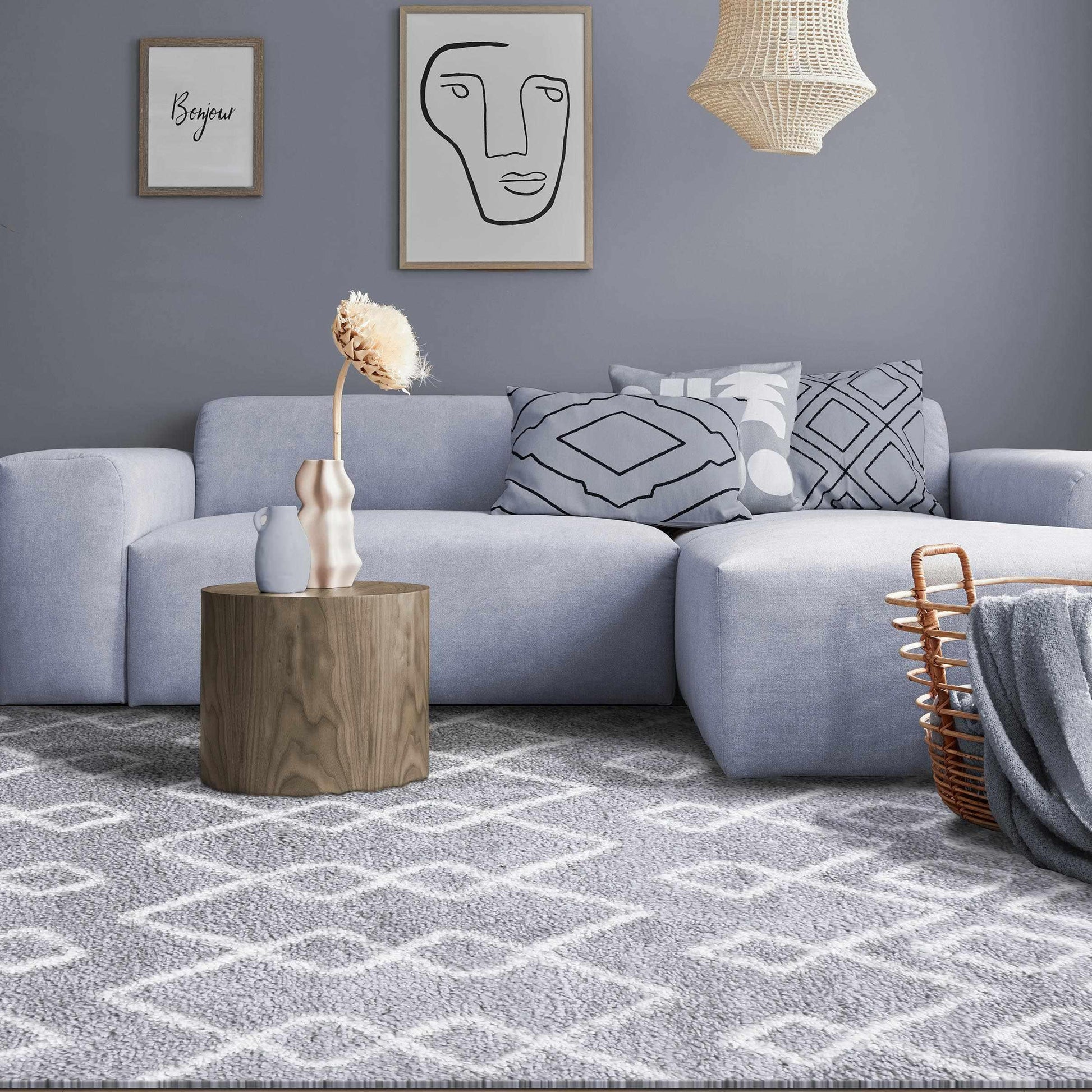 Superior Boho Geometric Diamonds Indoor Plush Shag Area Rug - Cream-Grey