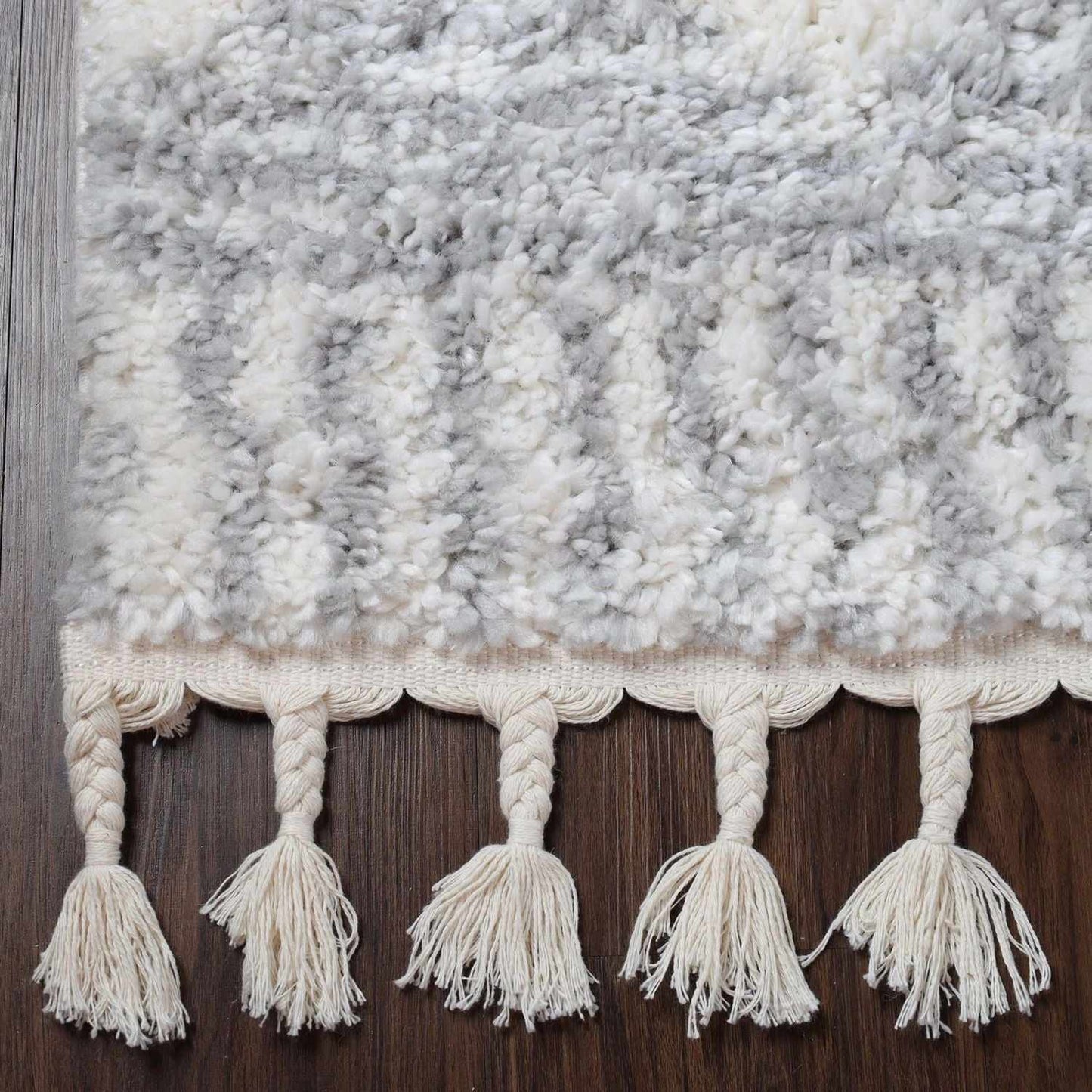 Superior Bohemian Geometric Indoor Plush Shag Area Rug with Tassels - Grey-Cream