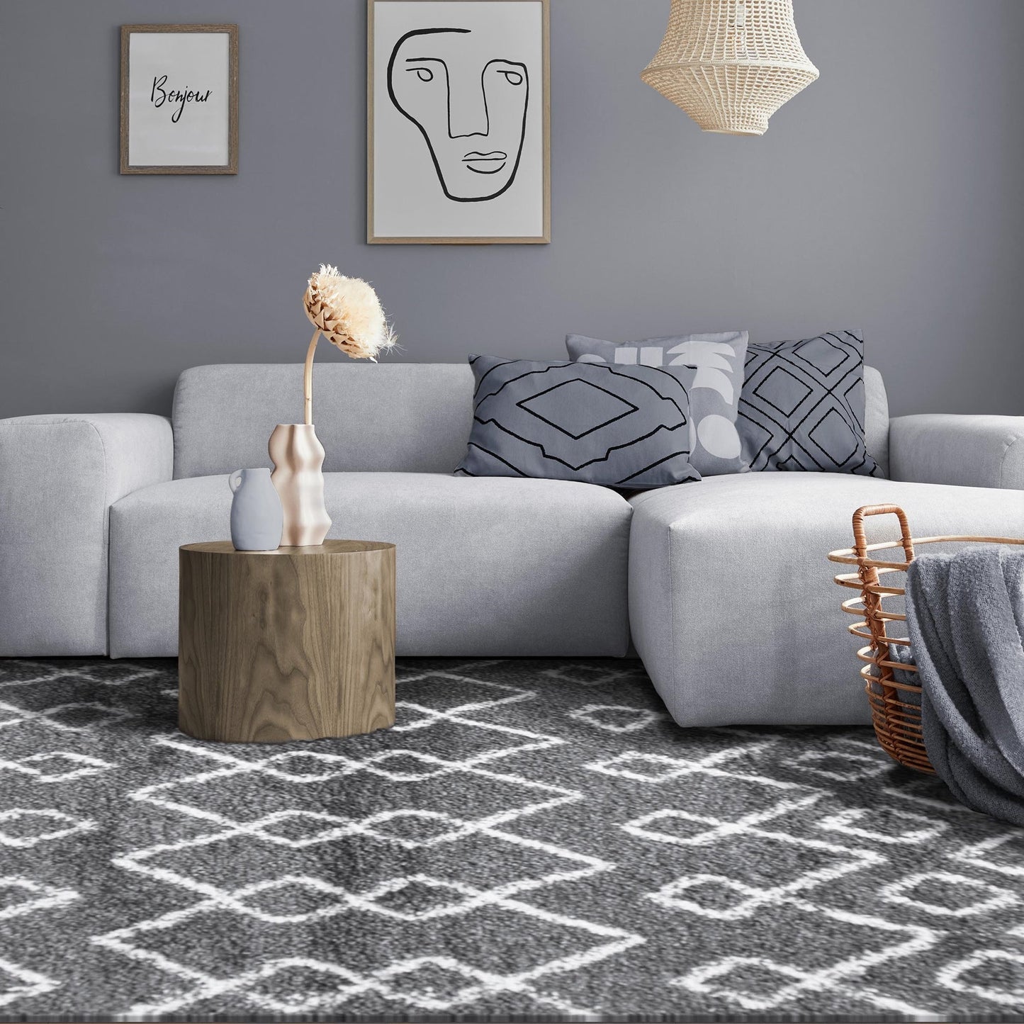 Superior Boho Geometric Diamonds Indoor Plush Shag Area Rug - Cream-Black