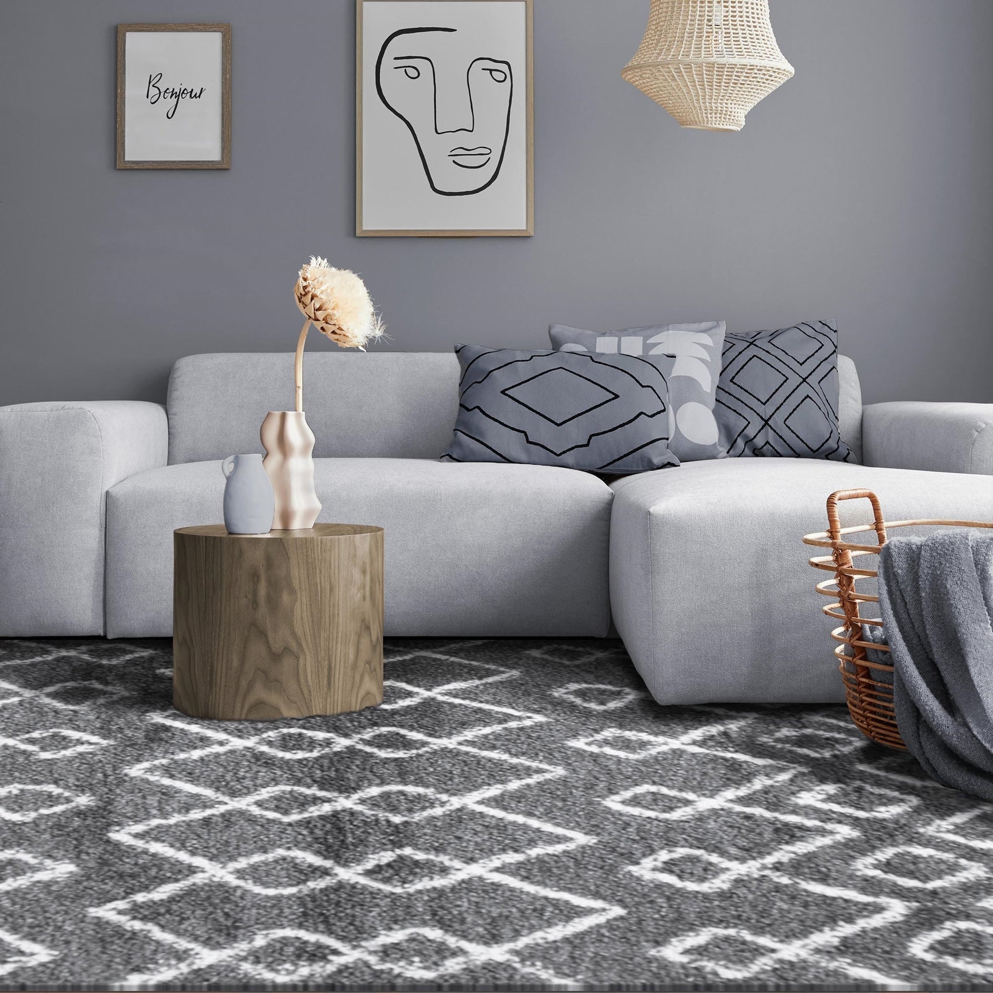 Superior Boho Geometric Diamonds Indoor Plush Shag Area Rug - Cream-Black