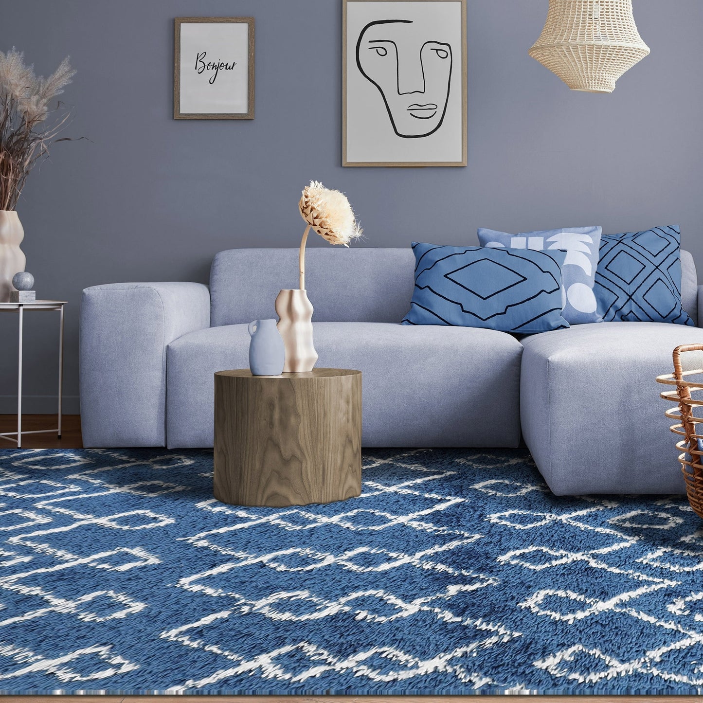 Superior Boho Geometric Diamonds Indoor Plush Shag Area Rug - Cream-Blue