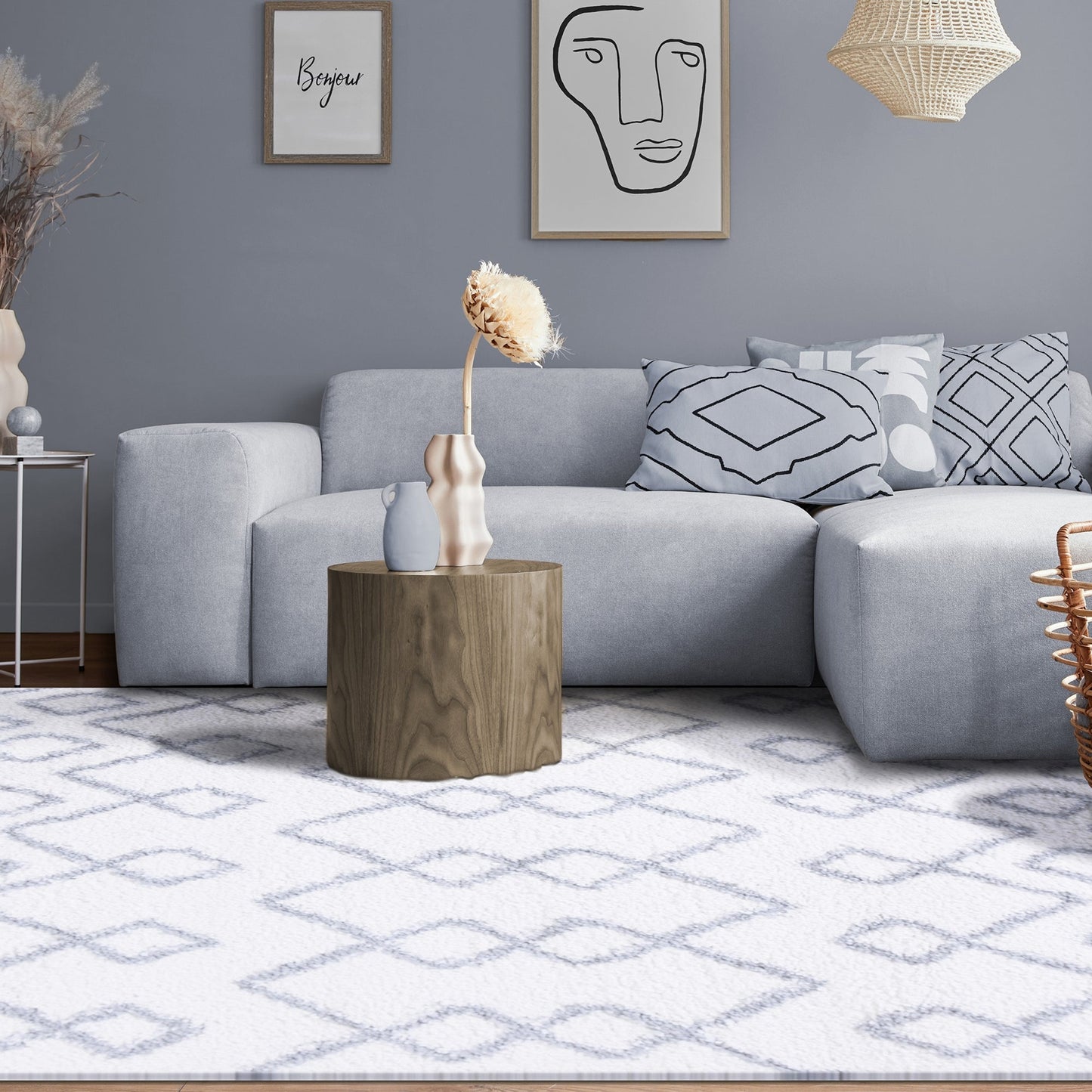 Superior Boho Geometric Diamonds Indoor Plush Shag Area Rug - Grey-Cream