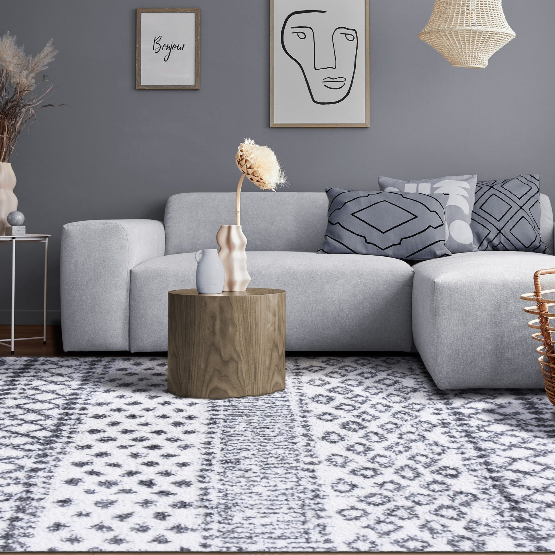 Superior Boho Geometric Indoor Plush Shag Area Rug - Cream-Grey