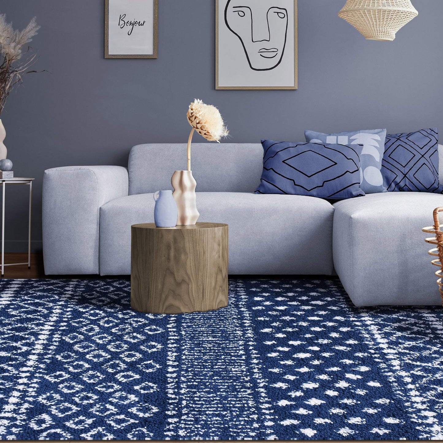 Superior Boho Geometric Indoor Plush Shag Area Rug - Cream-Blue