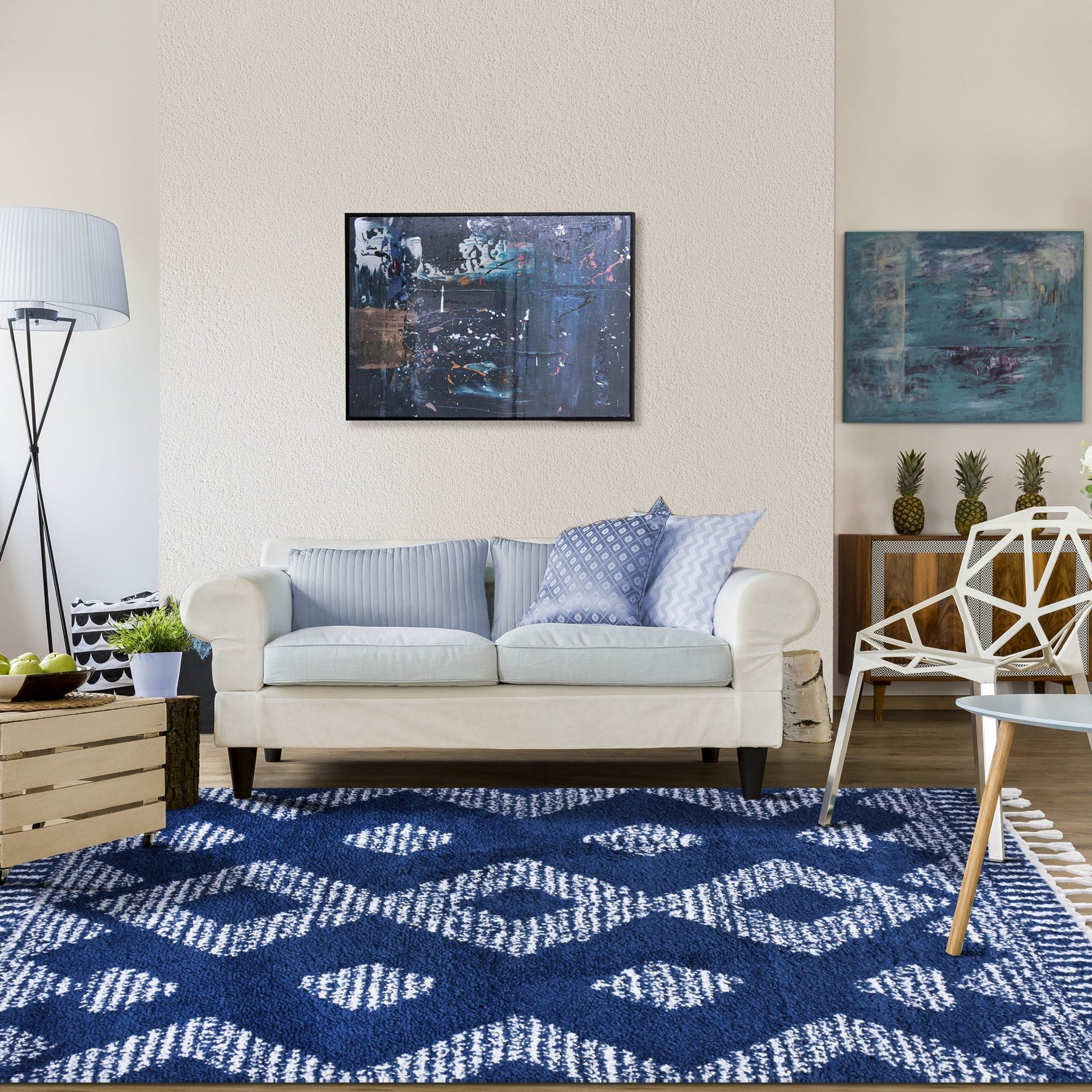 Superior Bohemian Geometric Indoor Plush Shag Area Rug with Tassels - Cream-Blue