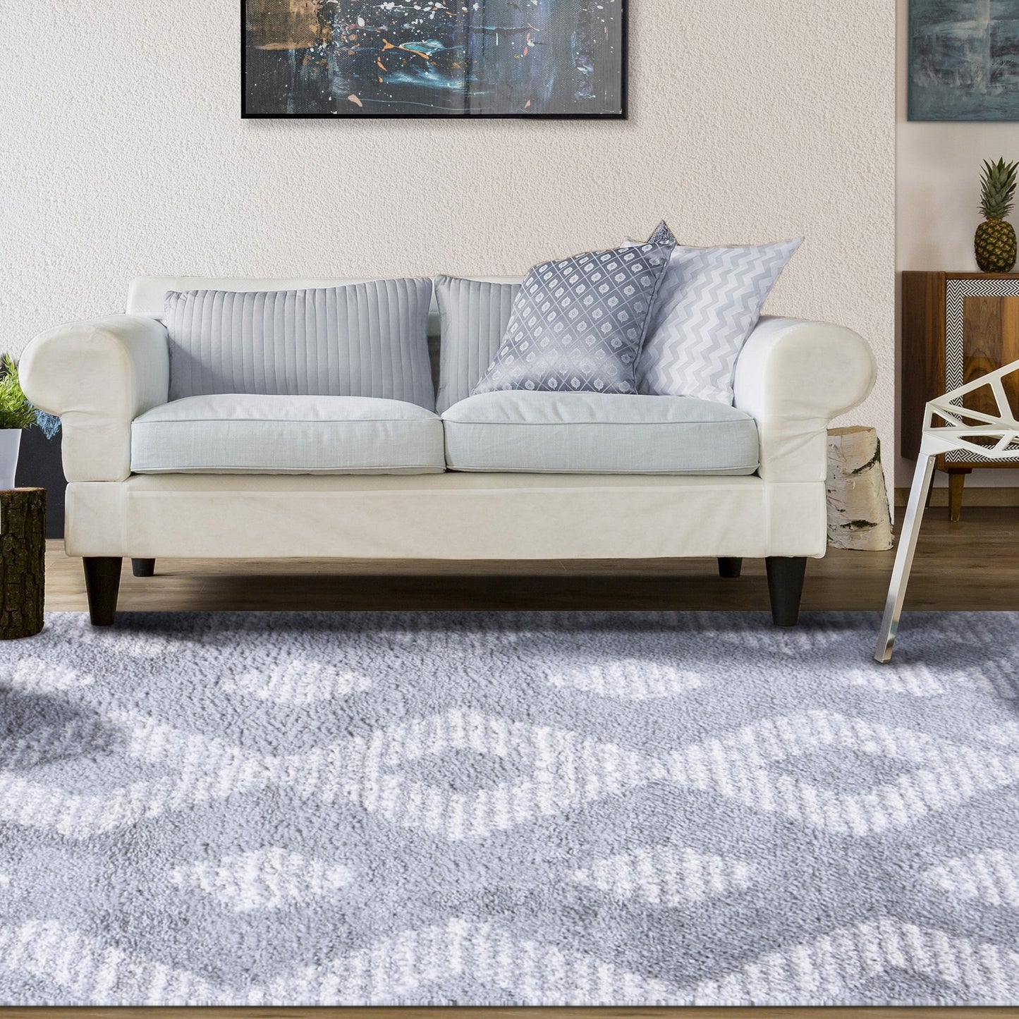 Superior Bohemian Geometric Indoor Plush Shag Area Rug with Tassels - Cream-Grey