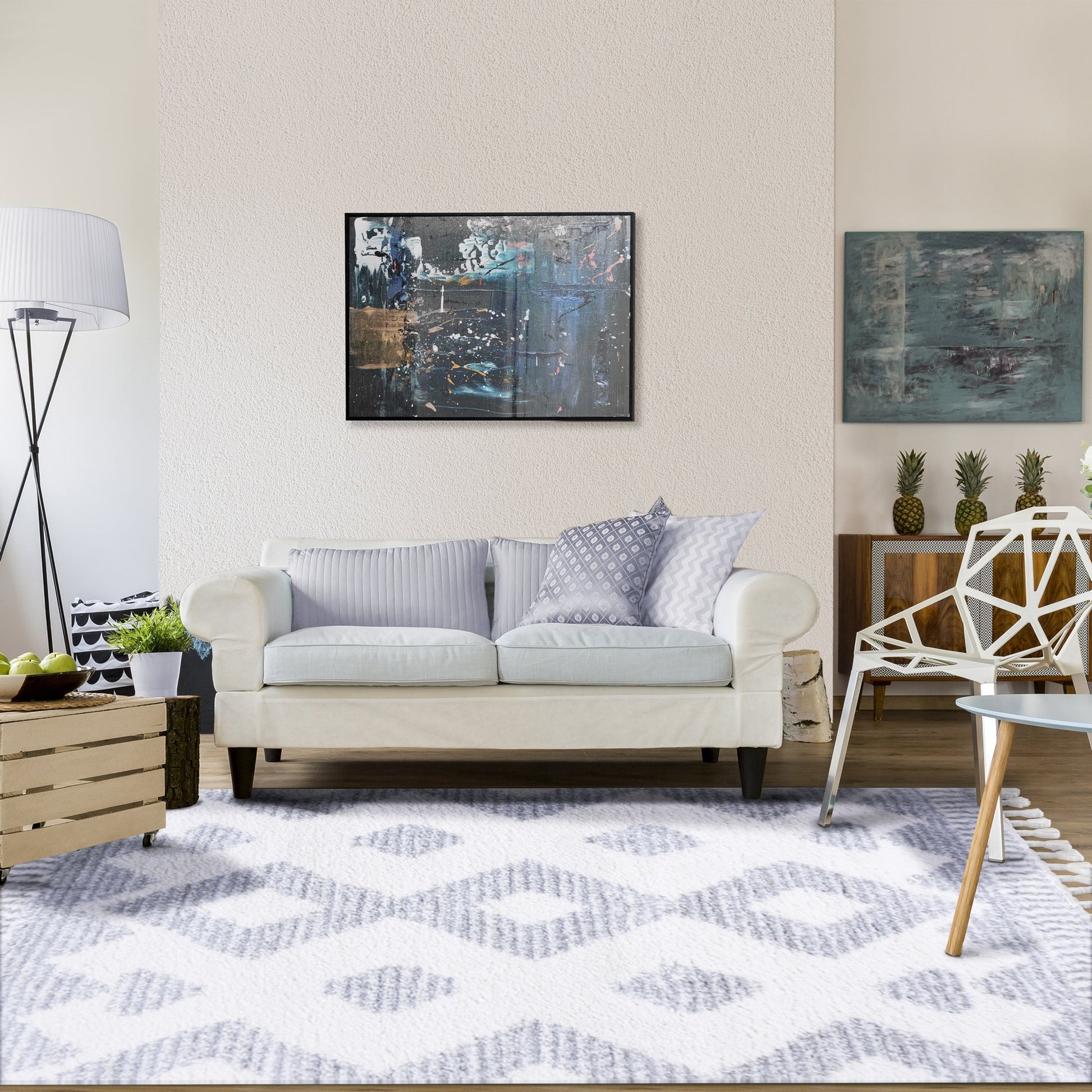 Superior Bohemian Geometric Indoor Plush Shag Area Rug with Tassels - Grey-Cream