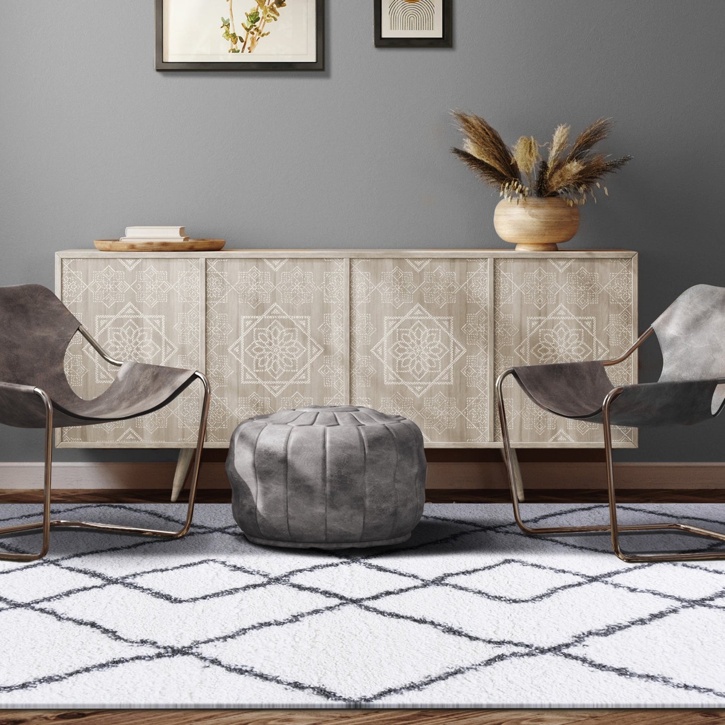 Superior Boho Geometric Diamonds Indoor Plush Shag Area Rug with Tassels - Cream-Grey