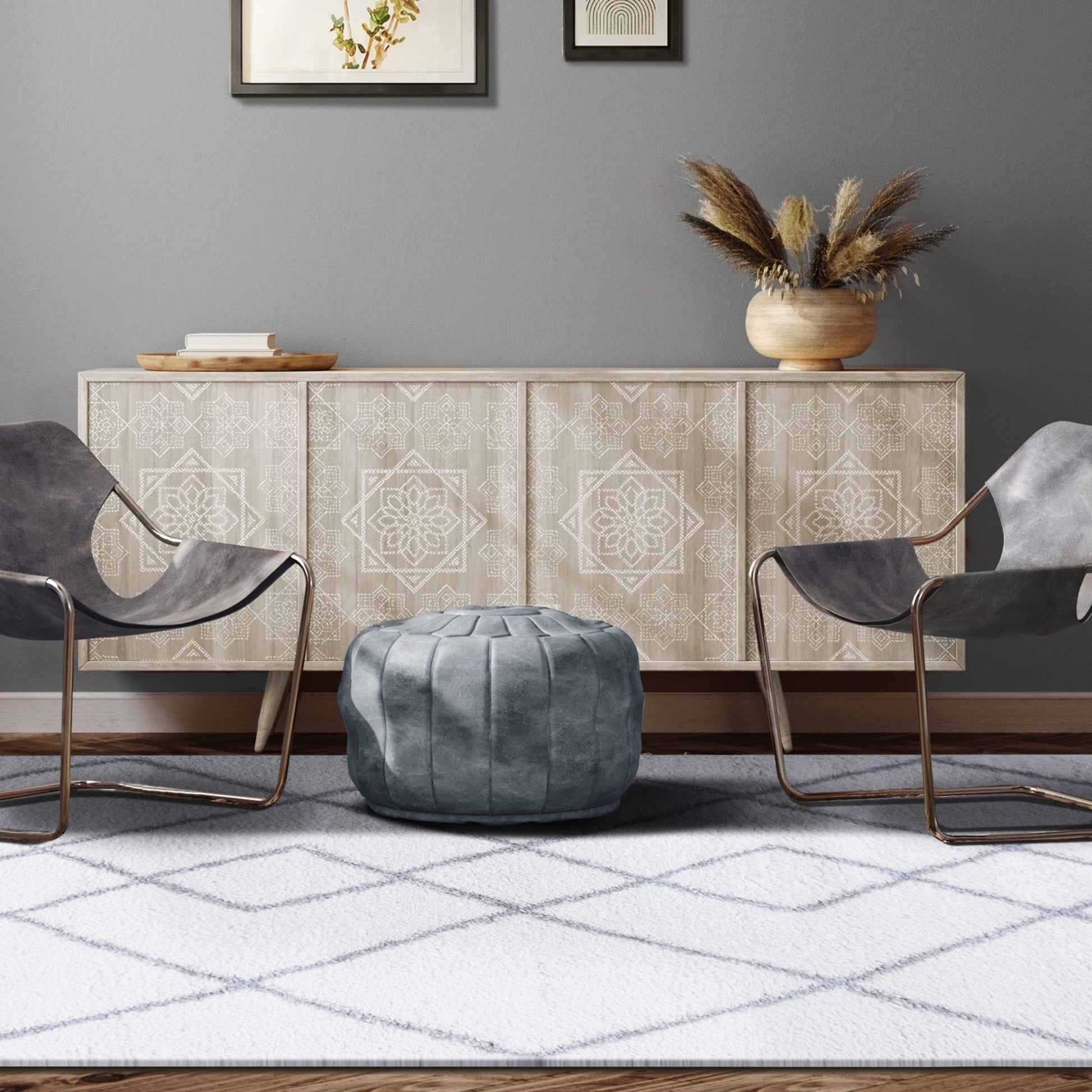 Superior Boho Geometric Diamonds Indoor Plush Shag Area Rug with Tassels - Grey-Cream