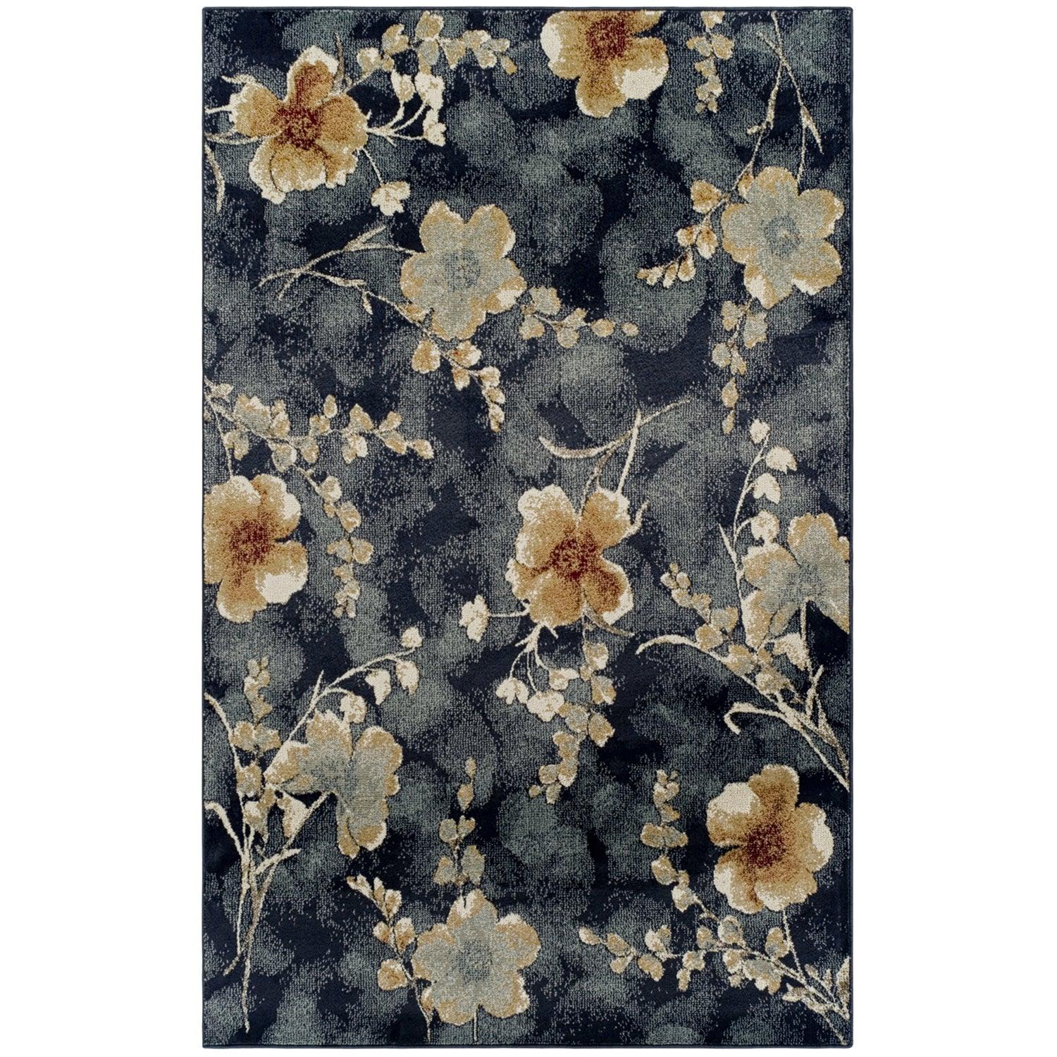 Superior Fiore Modern Oriental Floral Area Rug - Navy Blue