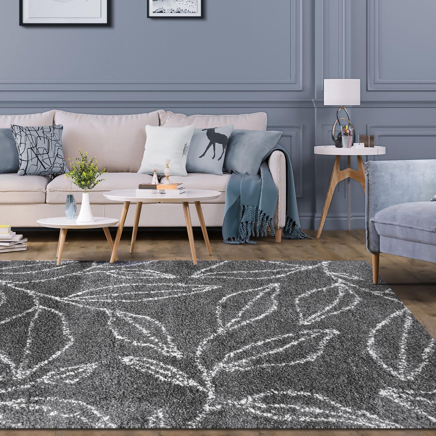 Superior Botanical Indoor Plush Shag Transitional Area Rug - Cream-Grey