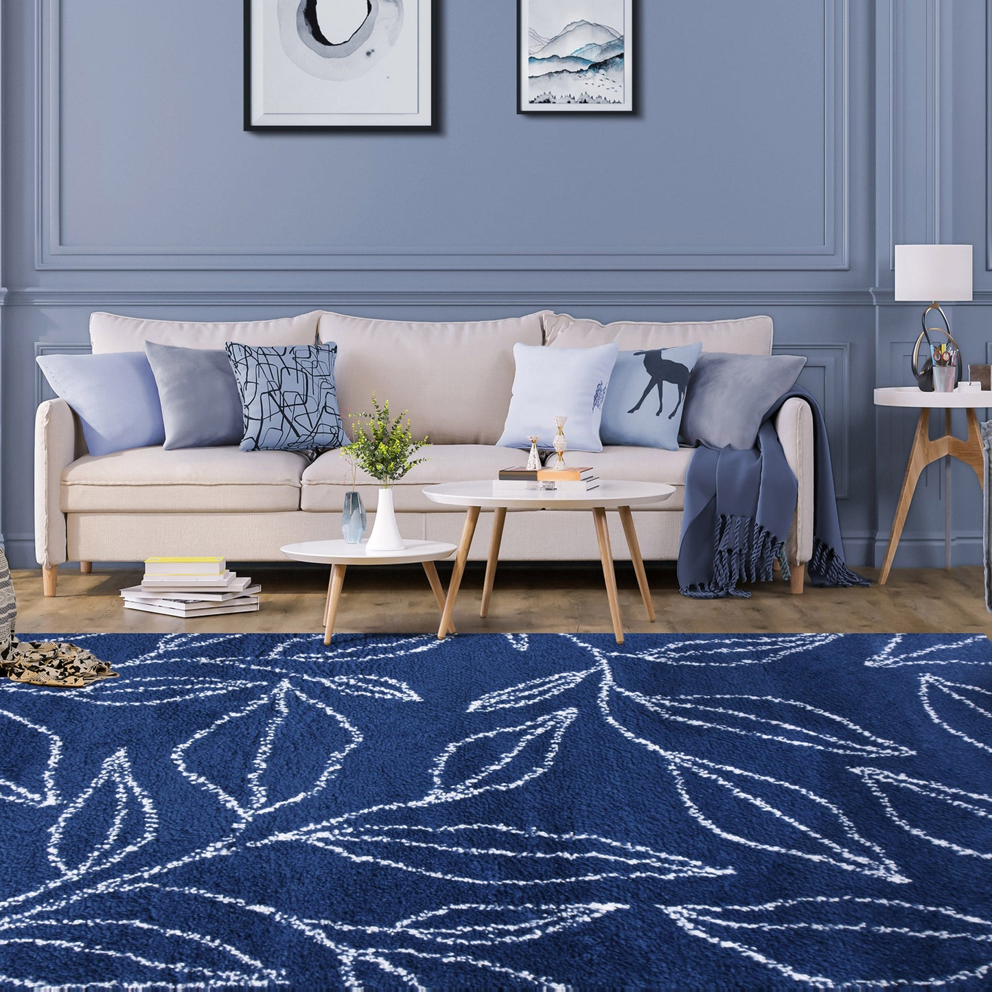 Superior Botanical Indoor Plush Shag Transitional Area Rug - Cream-Blue