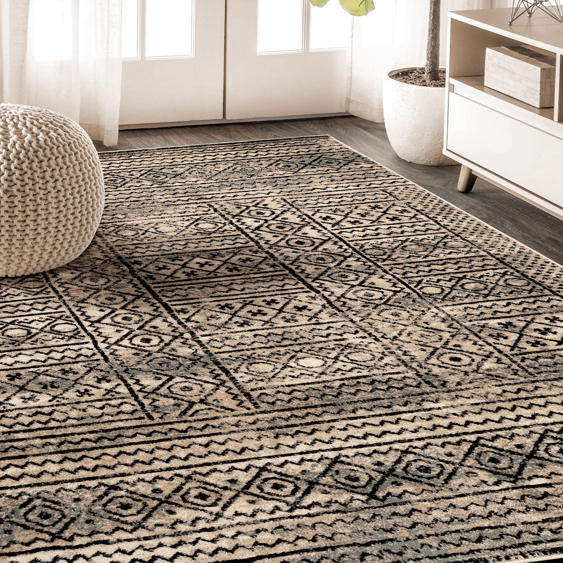 Formal Geometric Border Indoor Area Rug or Runner - Cream