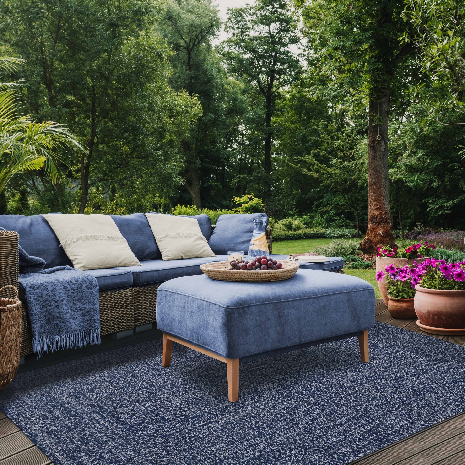 Multi Toned Braided Area Rug Bohemian Indoor Outdoor Rugs - DenimBlue-White