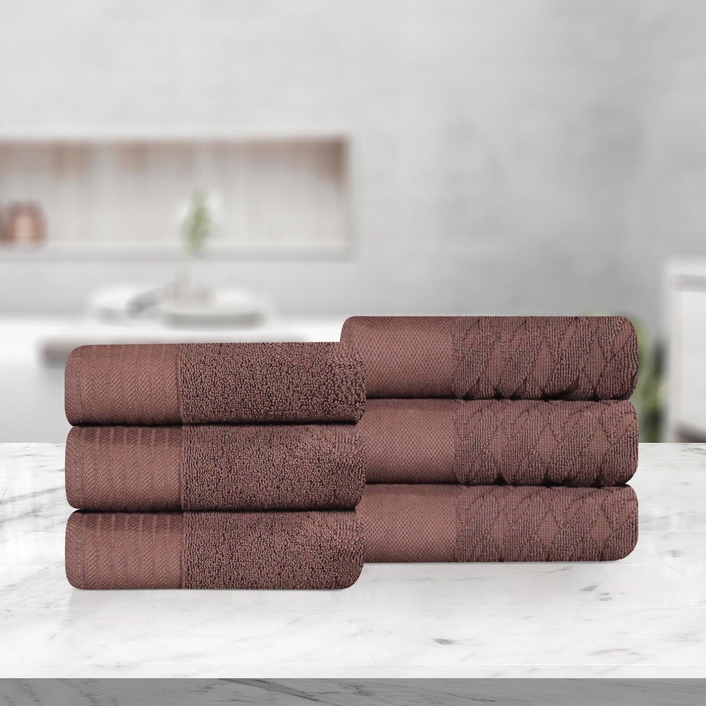 Premium Turkish Cotton Jacquard Herringbone and Solid 6-Piece Hand Towel Set - Chocolate