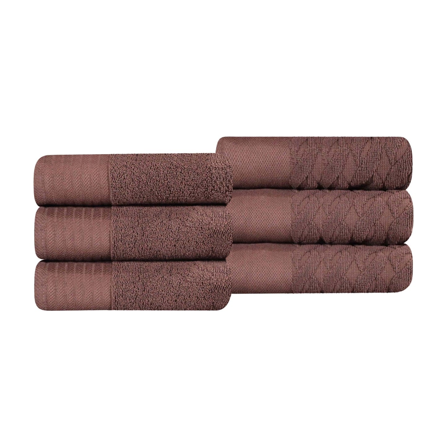 3Premium Turkish Cotton Jacquard Herringbone and Solid 6-Piece Hand Towel Set - Chocolate