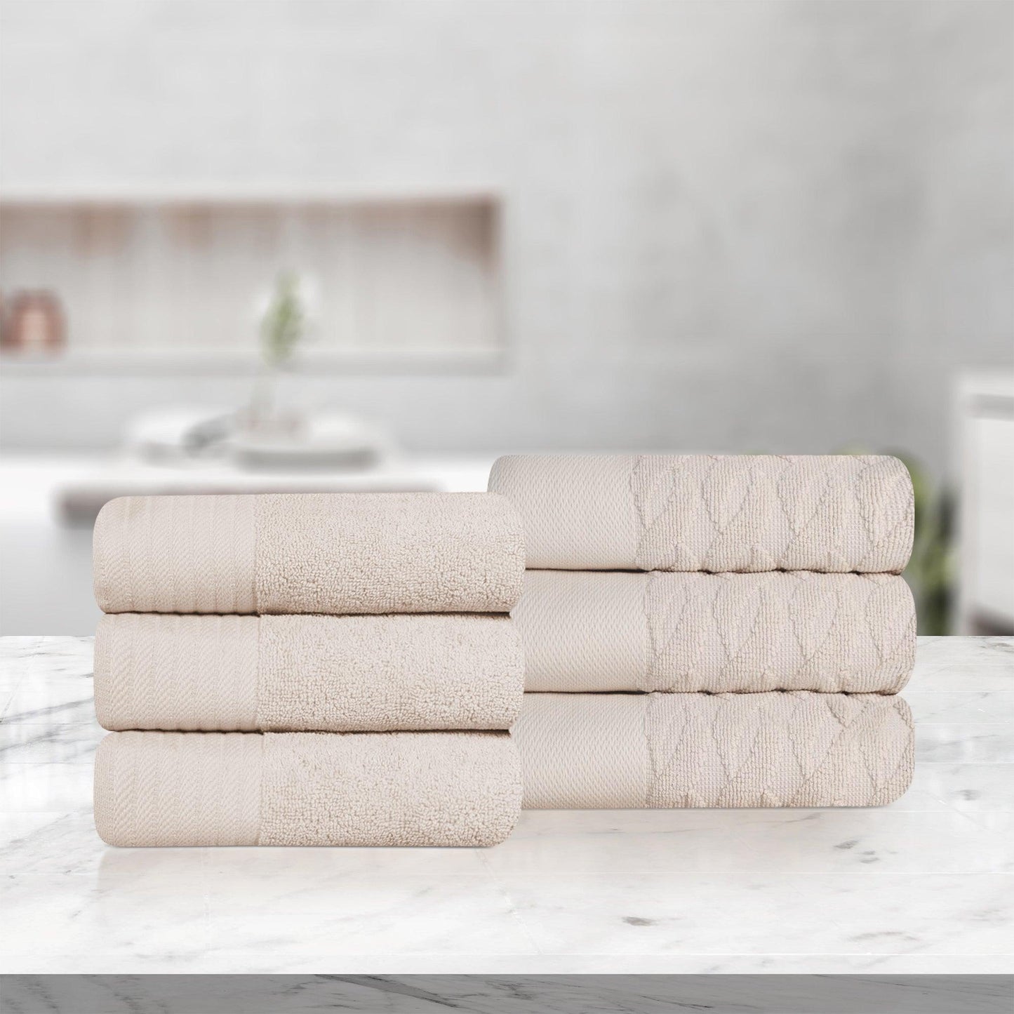 Premium Turkish Cotton Jacquard Herringbone and Solid 6-Piece Hand Towel Set - Ivory