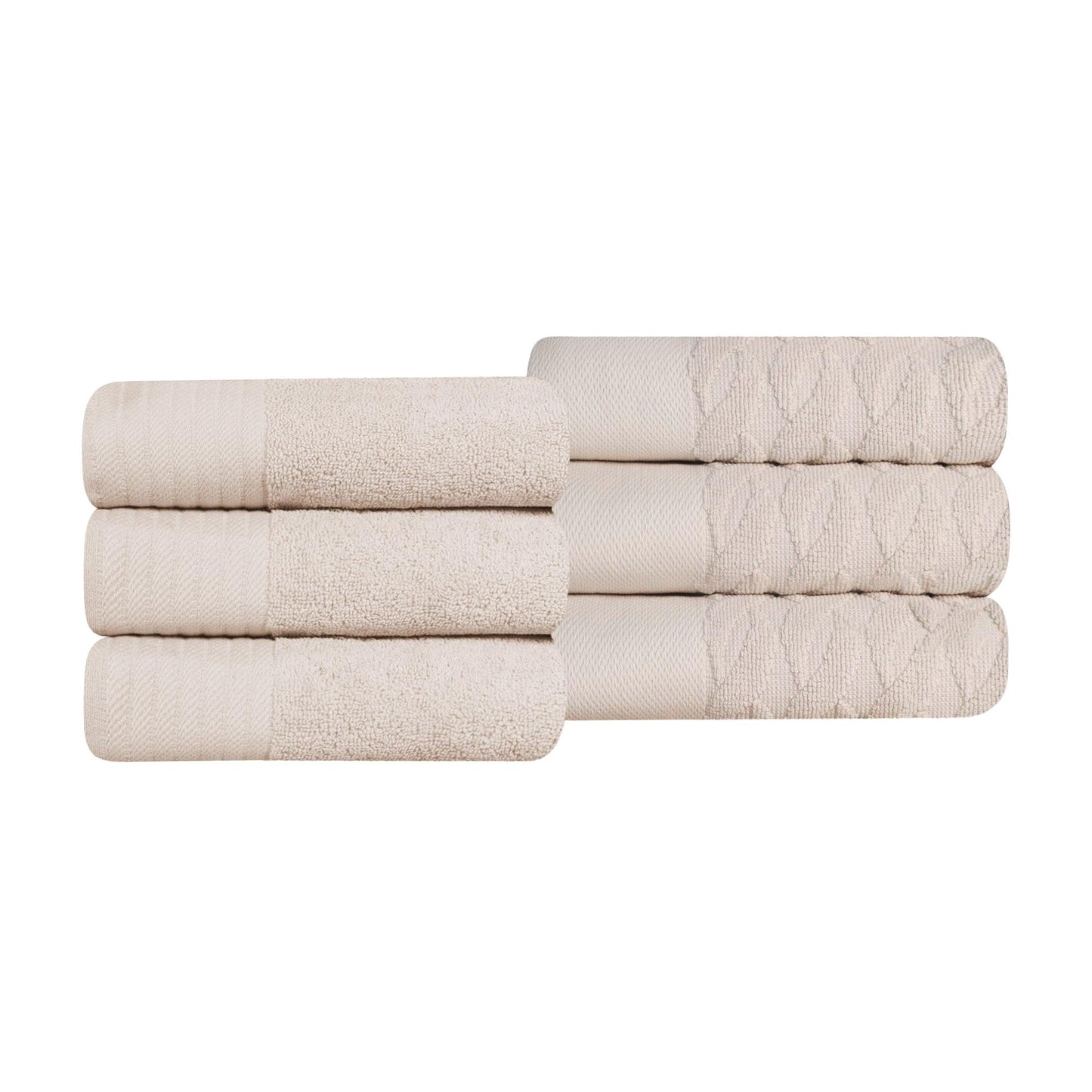 Premium Turkish Cotton Jacquard Herringbone and Solid 6-Piece Hand Towel Set - Ivory