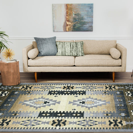 Superior Motega Aztec Non-Slip Indoor Area Rug or Runner - Blue-Beige