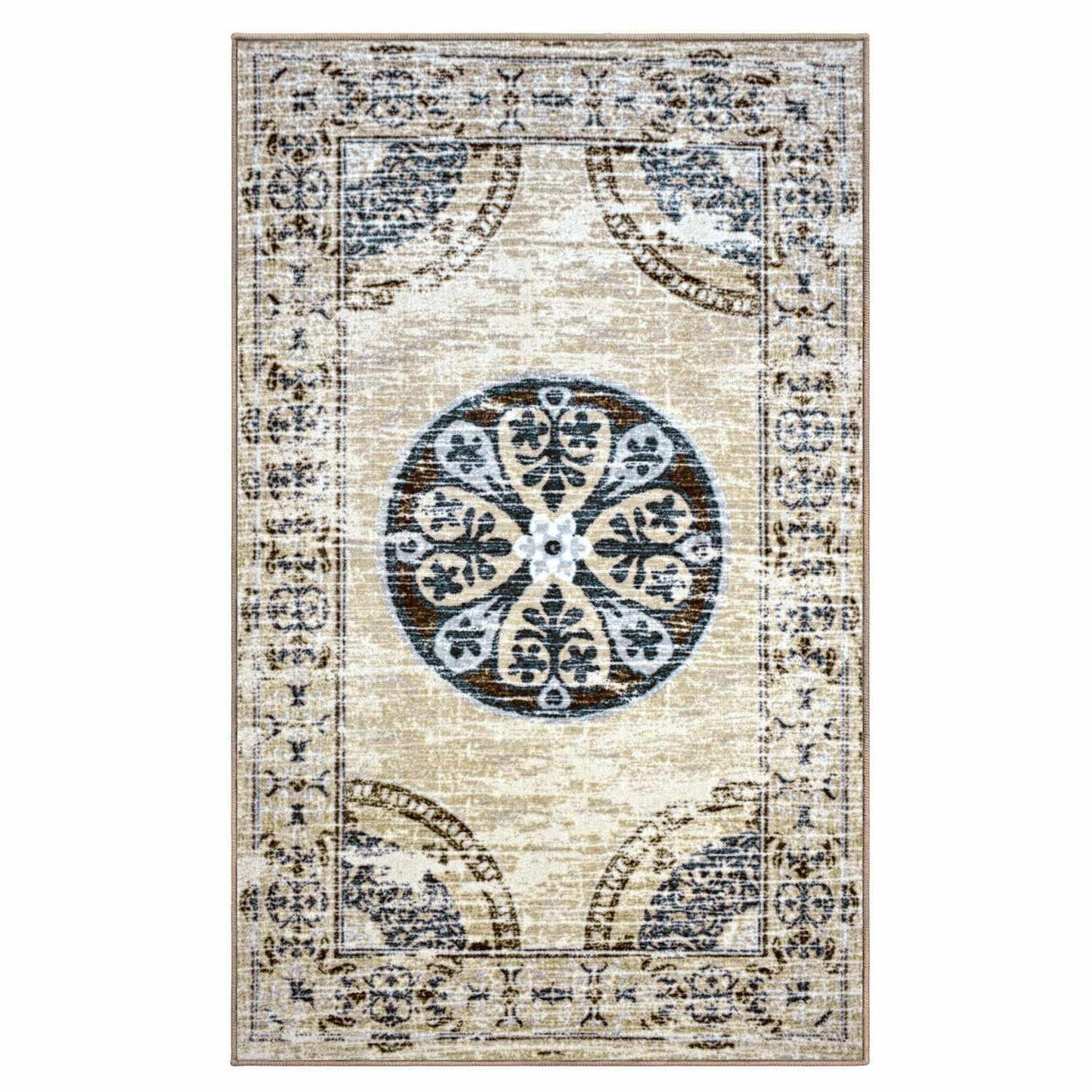 Superior Shiloh Non-Slip Distressed Medallion Indoor Washable Area Rug - Gray cream