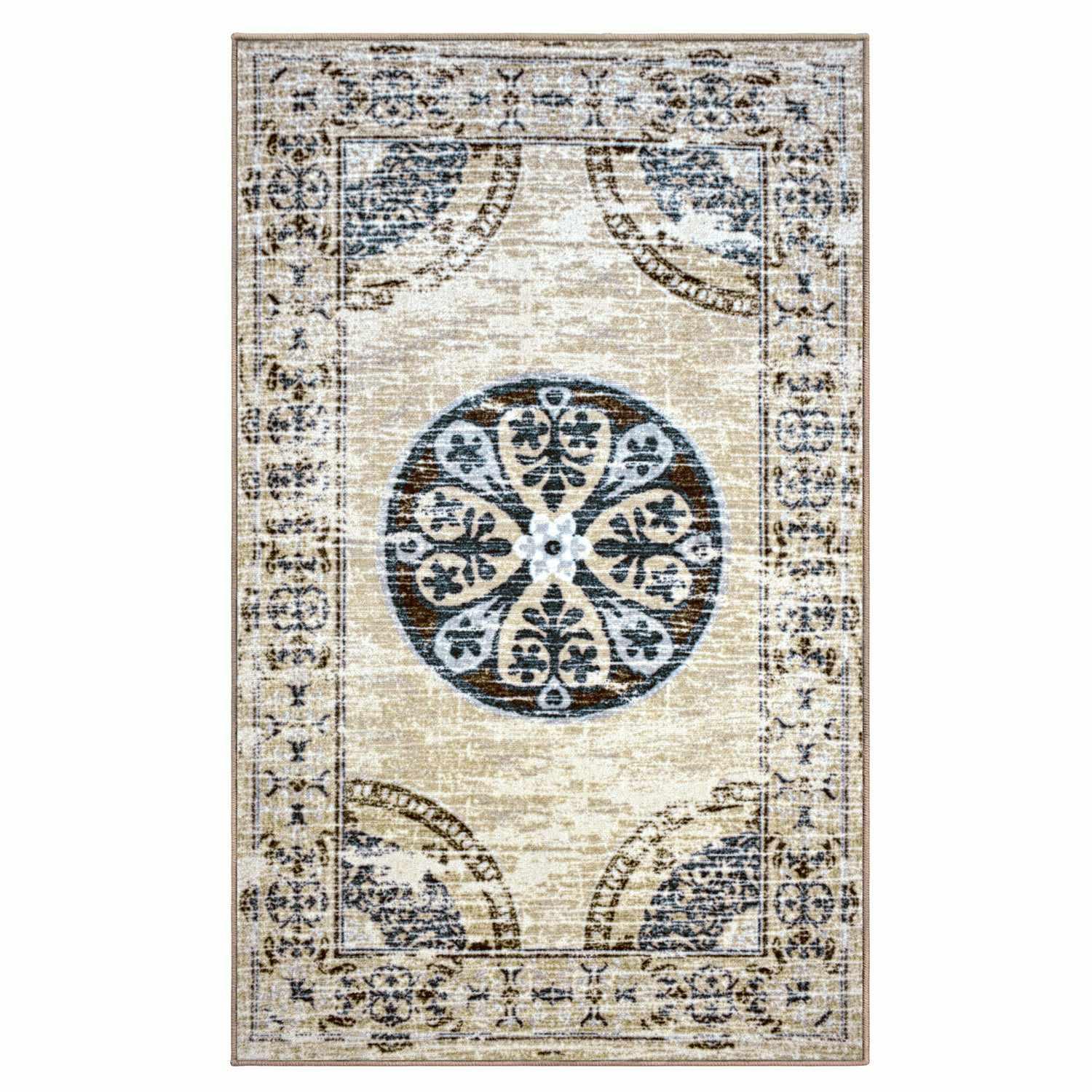 Superior Shiloh Non-Slip Distressed Medallion Indoor Washable Area Rug - Gray cream