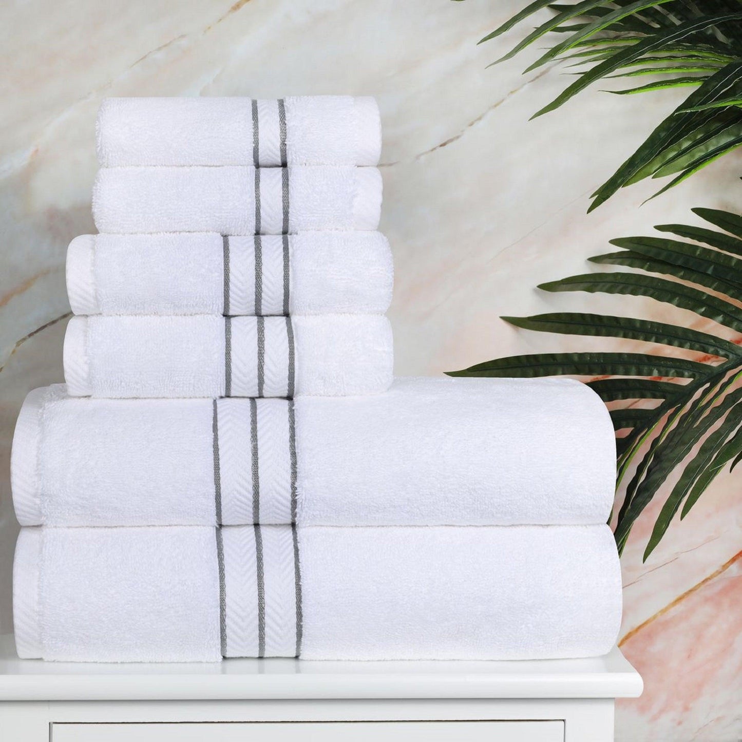 Turkish Cotton Heavyweight Ultra-Plush 6 Piece Bath Towel Set - White/Charcoal