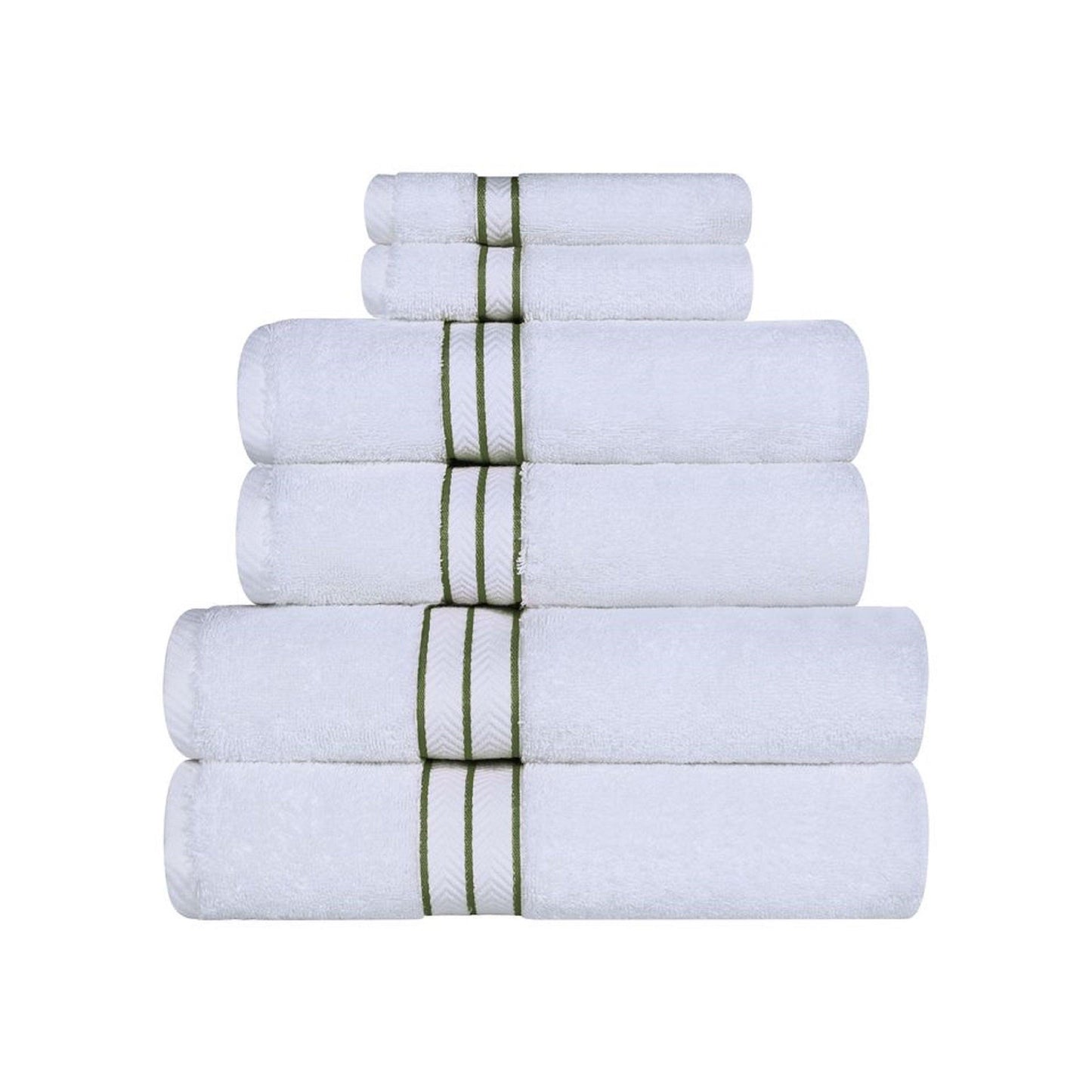 Turkish Cotton Heavyweight Ultra-Plush 6 Piece Bath Towel Set - White/Forest Green